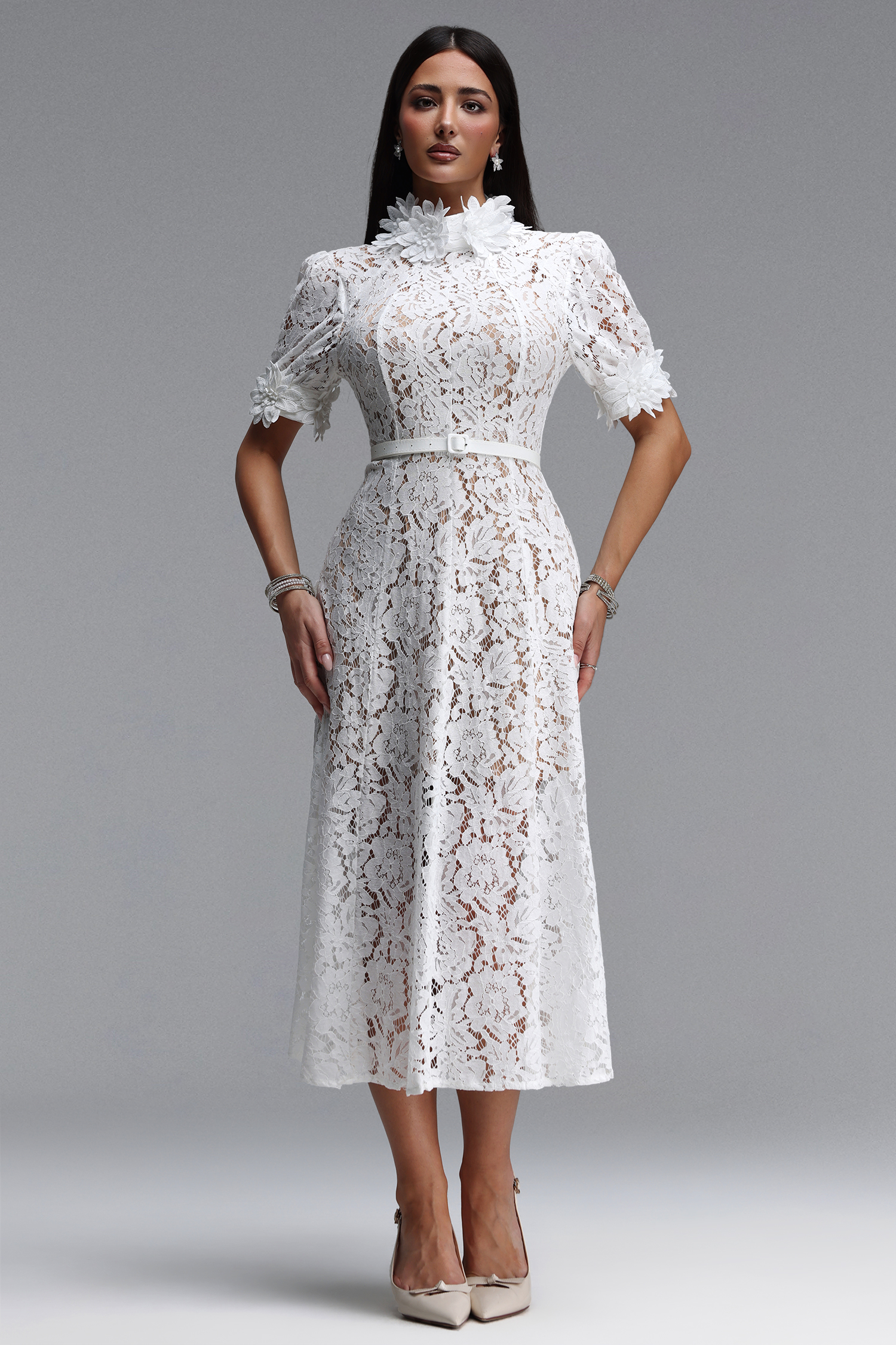 Tusare Elegant Tailored Short Sleeve Floral Lace Maxi Dress