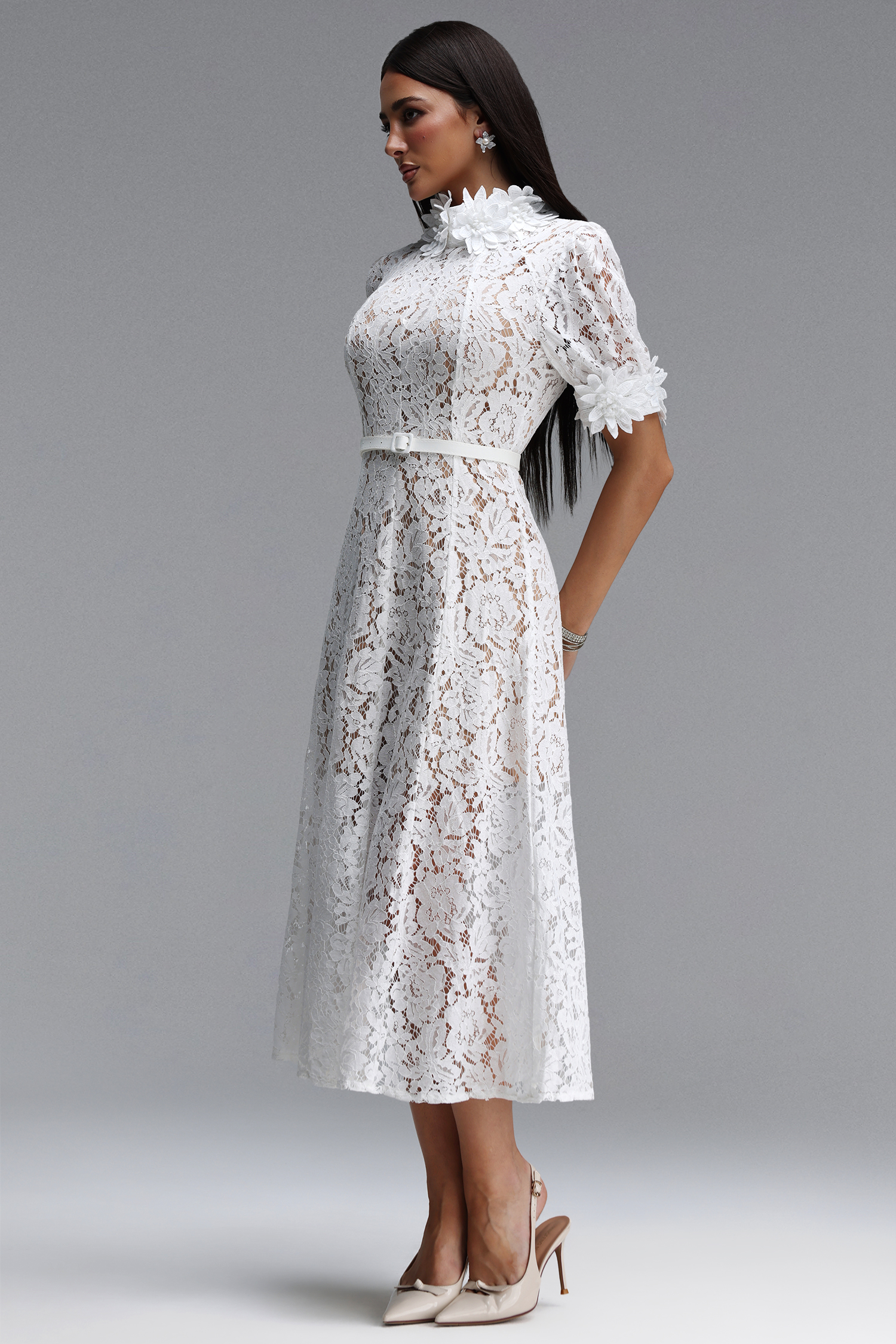 Tusare Elegant Tailored Short Sleeve Floral Lace Maxi Dress