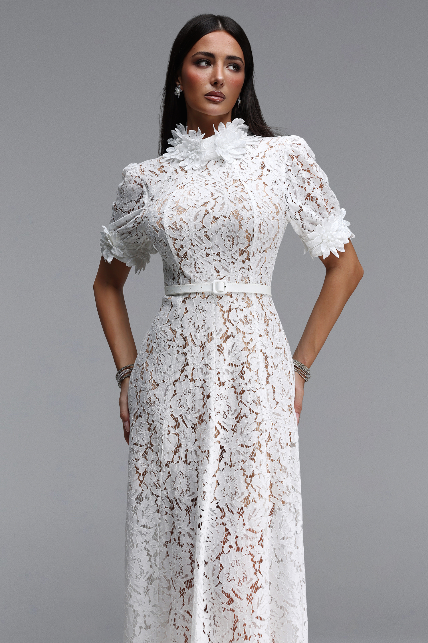 Tusare Elegant Tailored Short Sleeve Floral Lace Maxi Dress