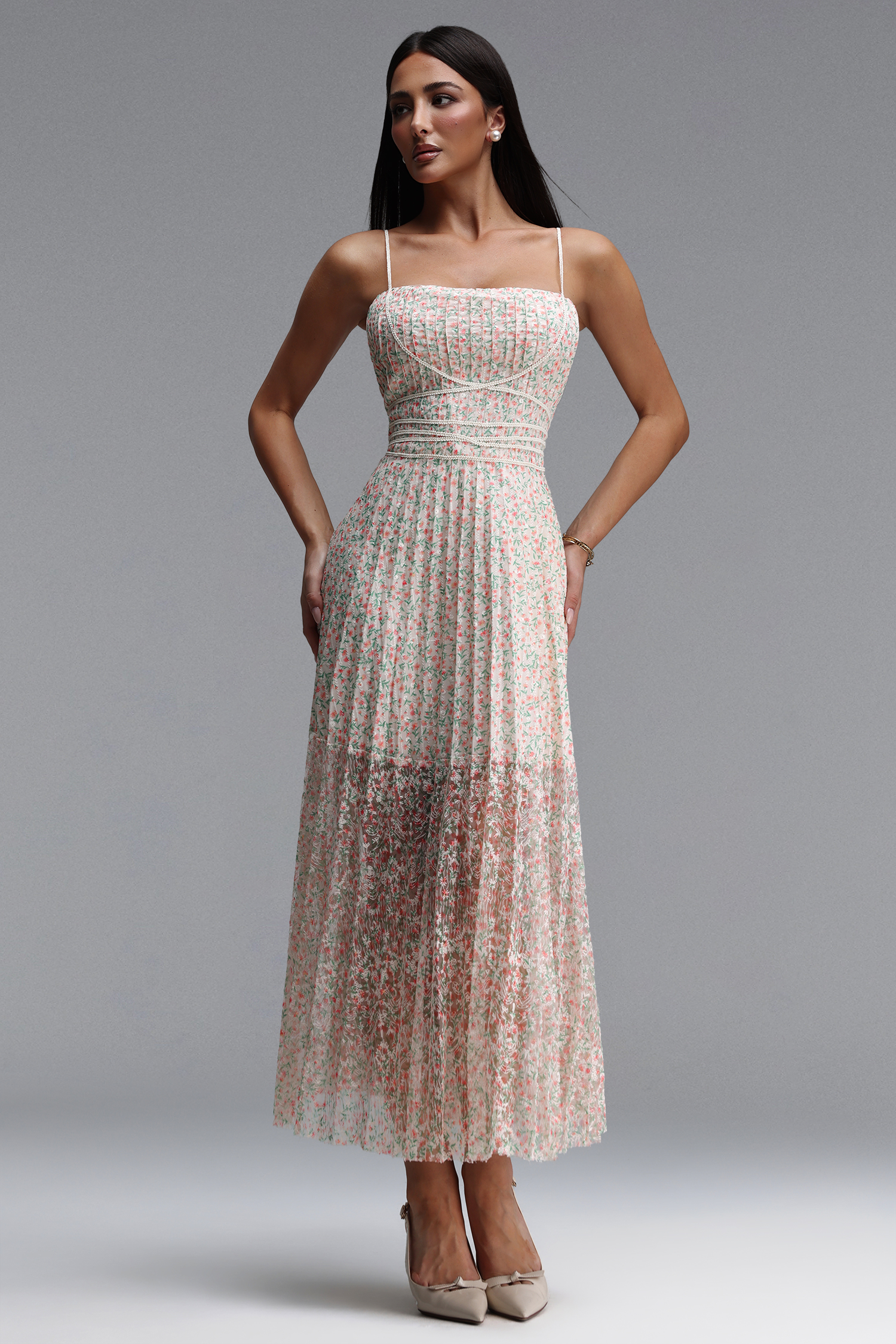 Noah Romantic Cinched Sleeveless Floral Print Pleated Woven Maxi Dress