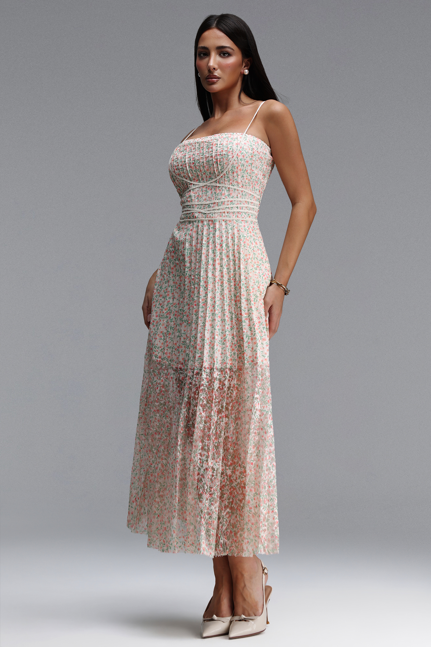 Noah Romantic Cinched Sleeveless Floral Print Pleated Woven Maxi Dress