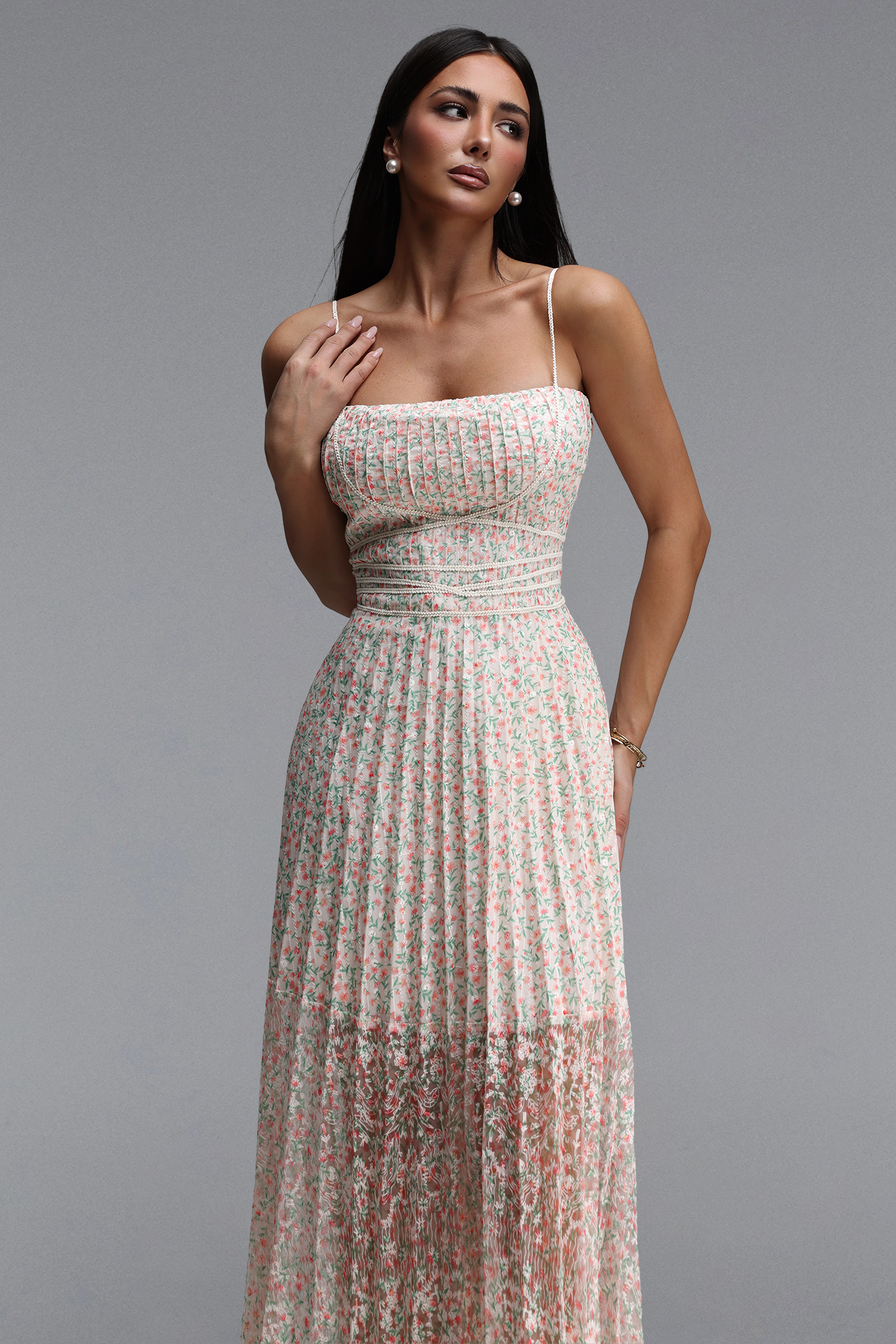 Noah Romantic Cinched Sleeveless Floral Print Pleated Woven Maxi Dress