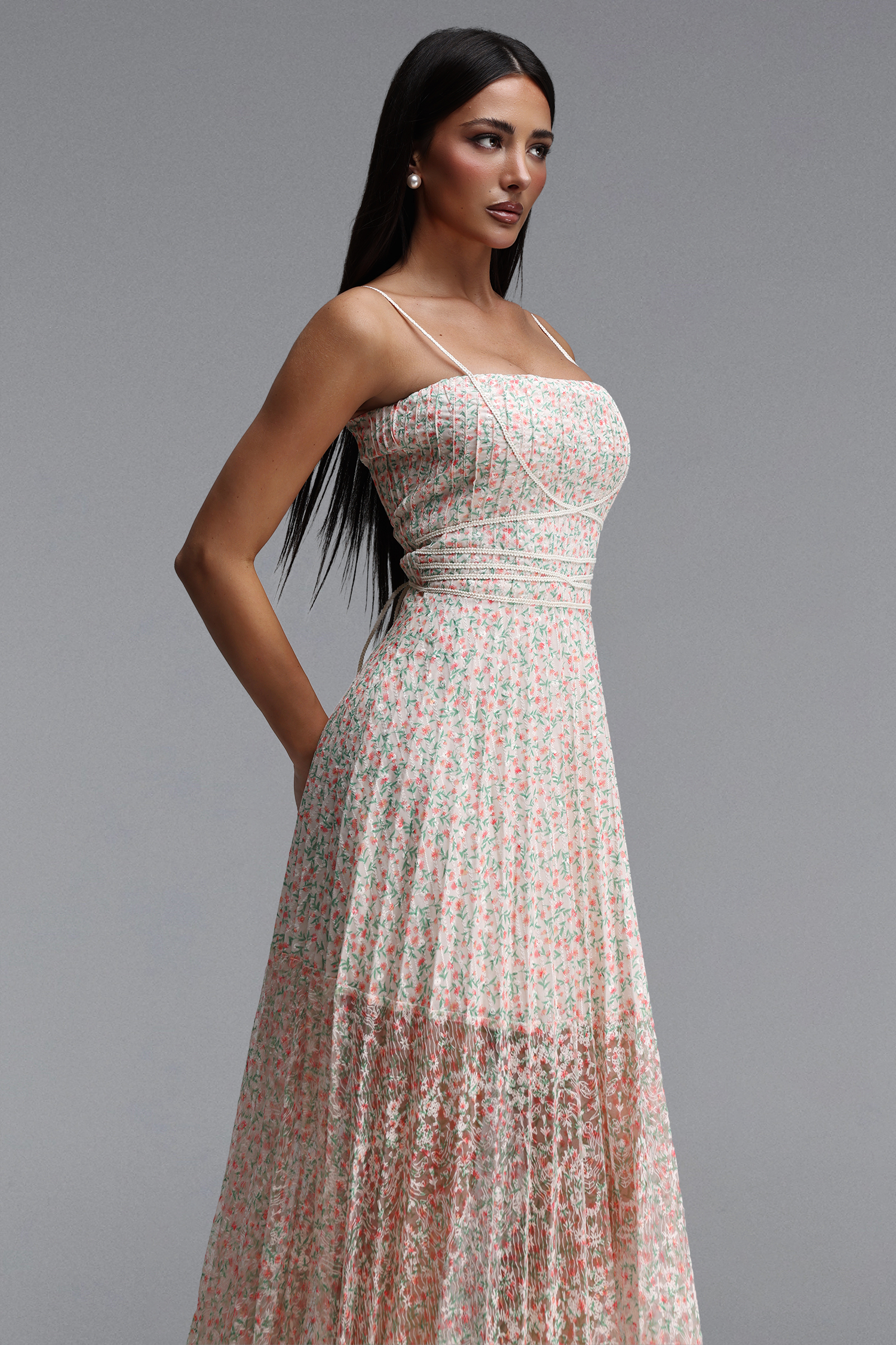 Noah Romantic Cinched Sleeveless Floral Print Pleated Woven Maxi Dress