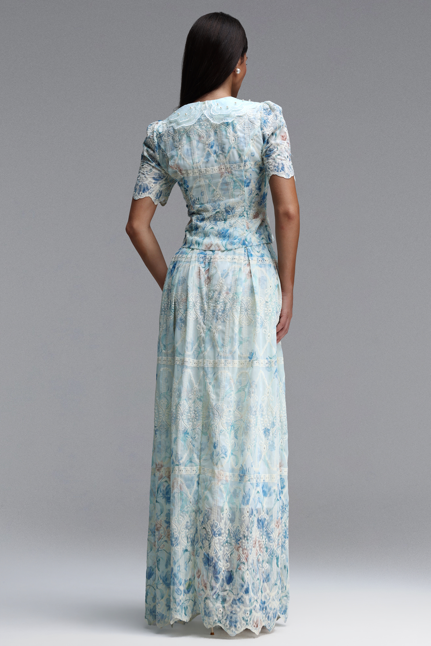 Ignacia Romantic Flowy Short Sleeve Floral Print Embroidered Woven Blue Top and Skirt Two Piece Set