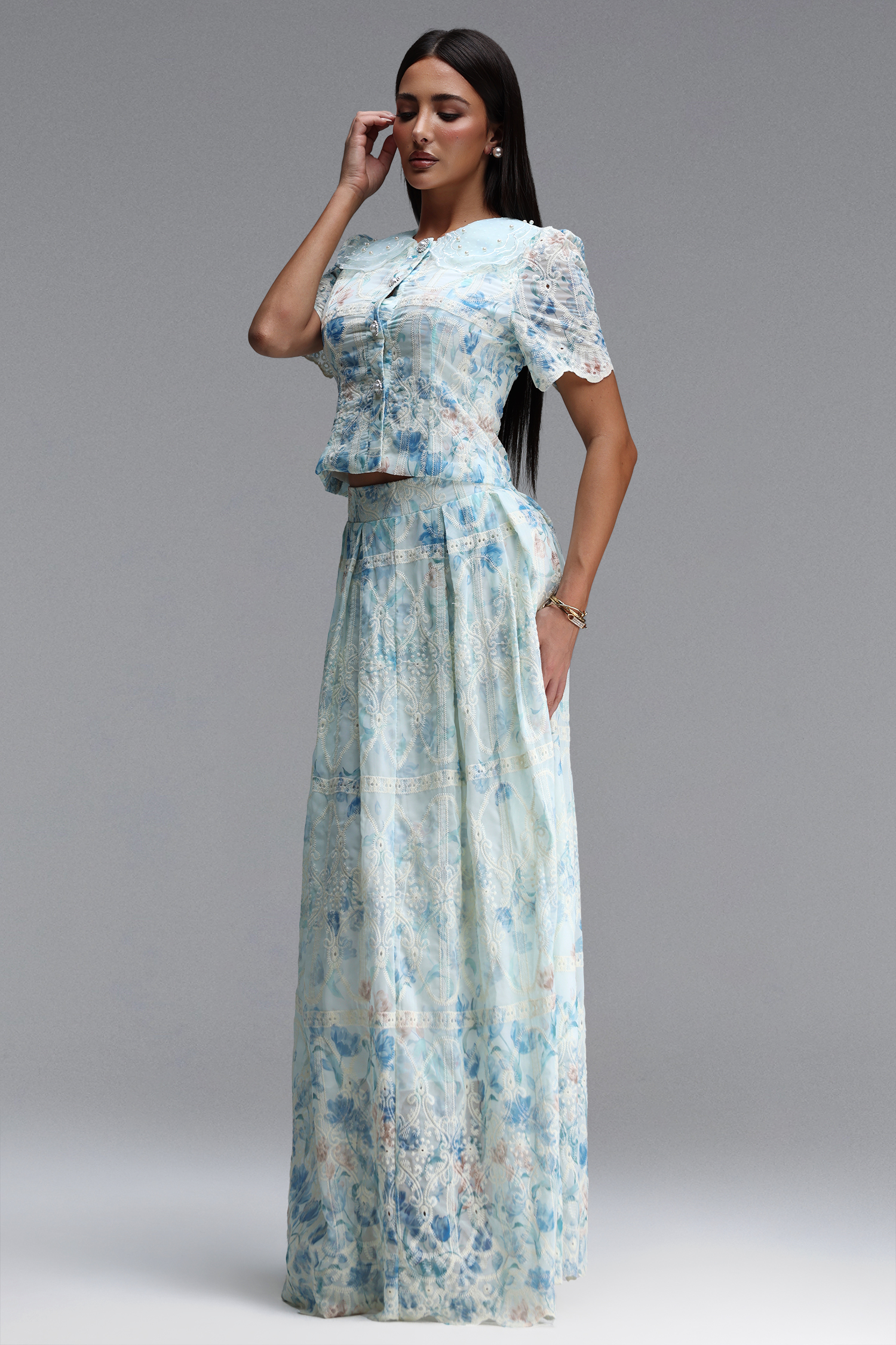 Ignacia Romantic Flowy Short Sleeve Floral Print Embroidered Woven Blue Top and Skirt Two Piece Set