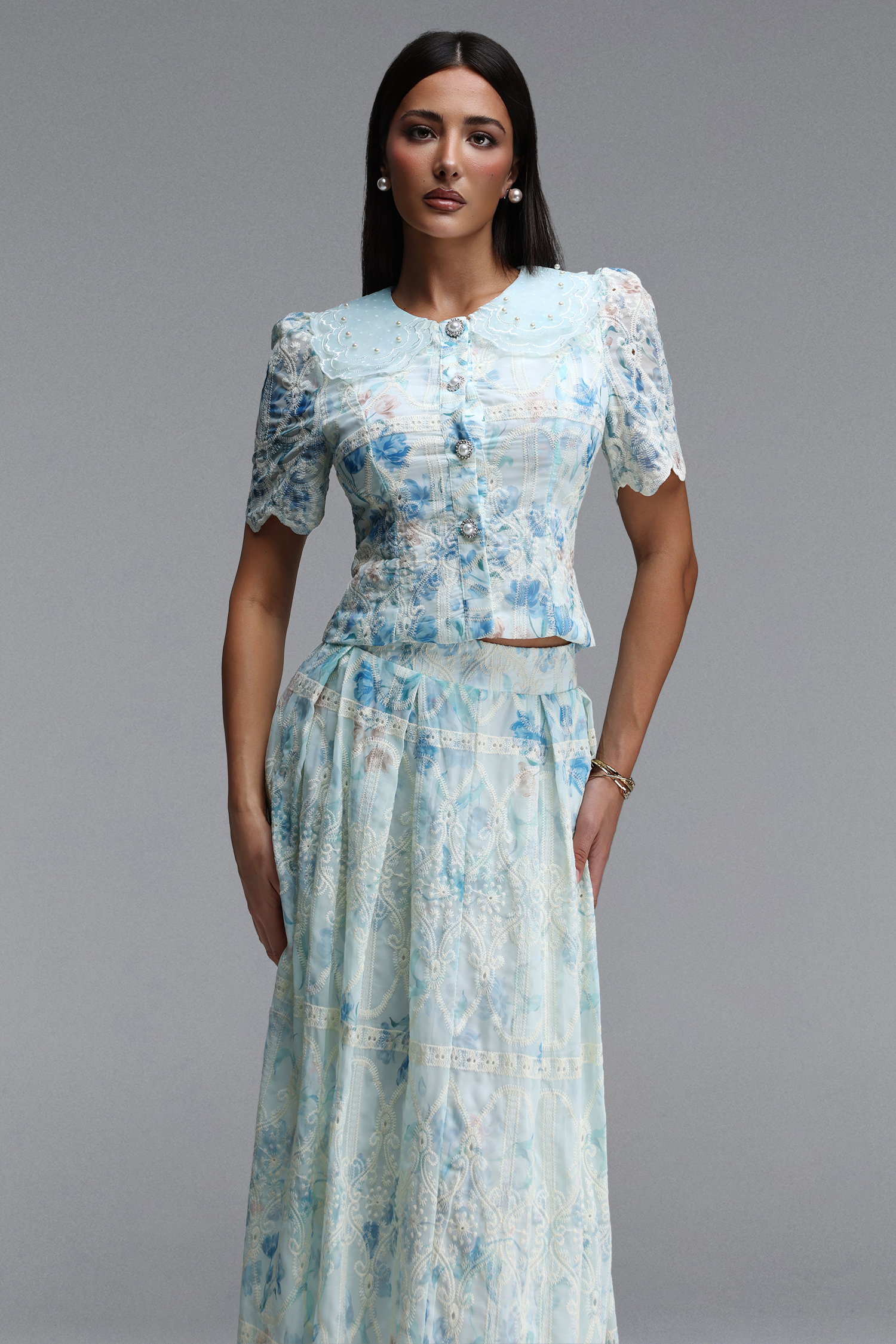 Ignacia Romantic Flowy Short Sleeve Floral Print Embroidered Woven Blue Top and Skirt Two Piece Set