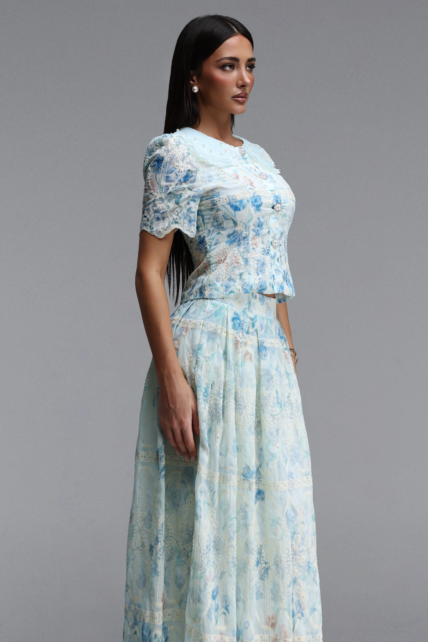 Ignacia Romantic Flowy Short Sleeve Floral Print Embroidered Woven Blue Top and Skirt Two Piece Set