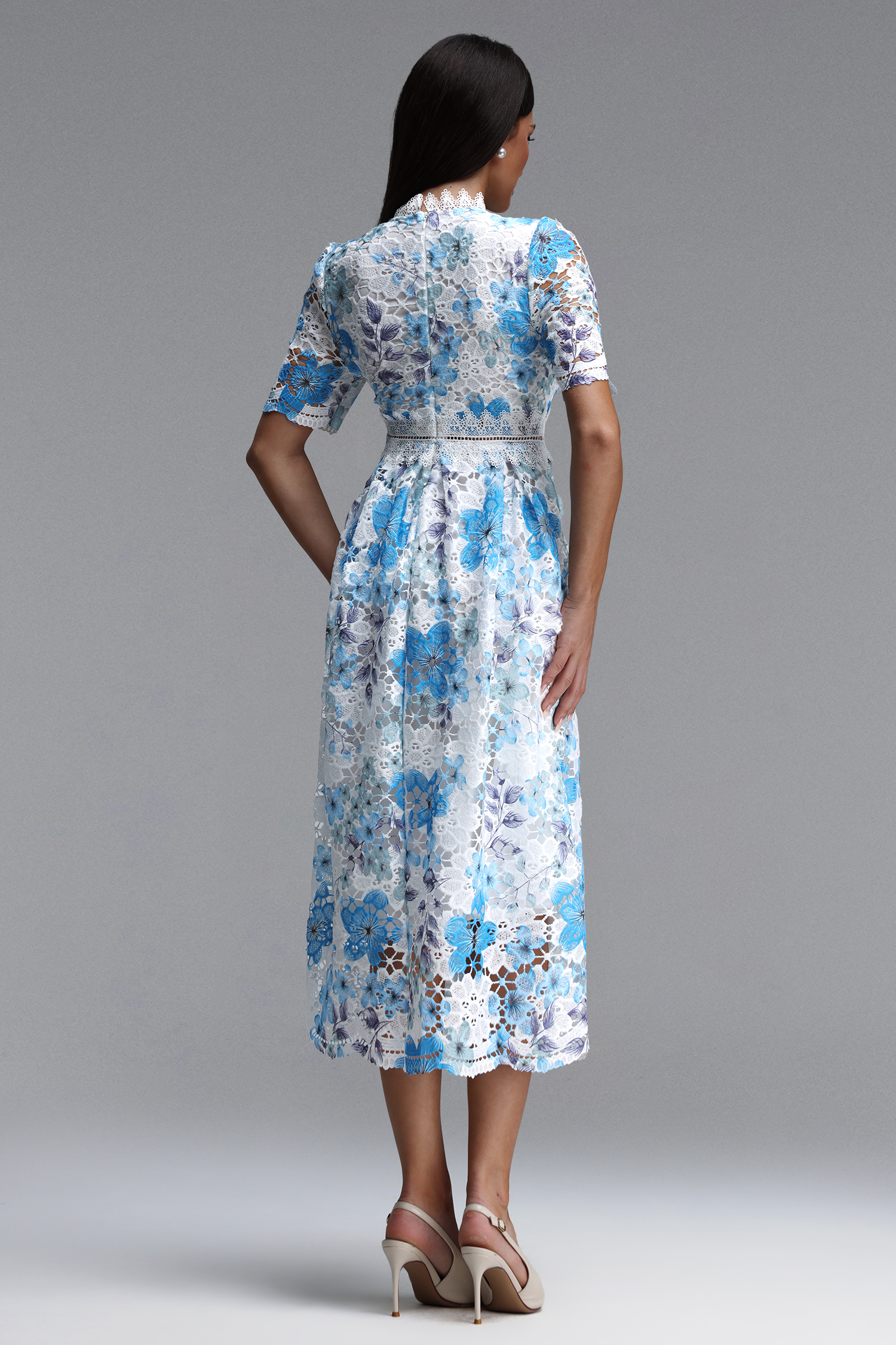 Pelosy Elegant Cinched Short Sleeve Floral Print Lace Midi Dress