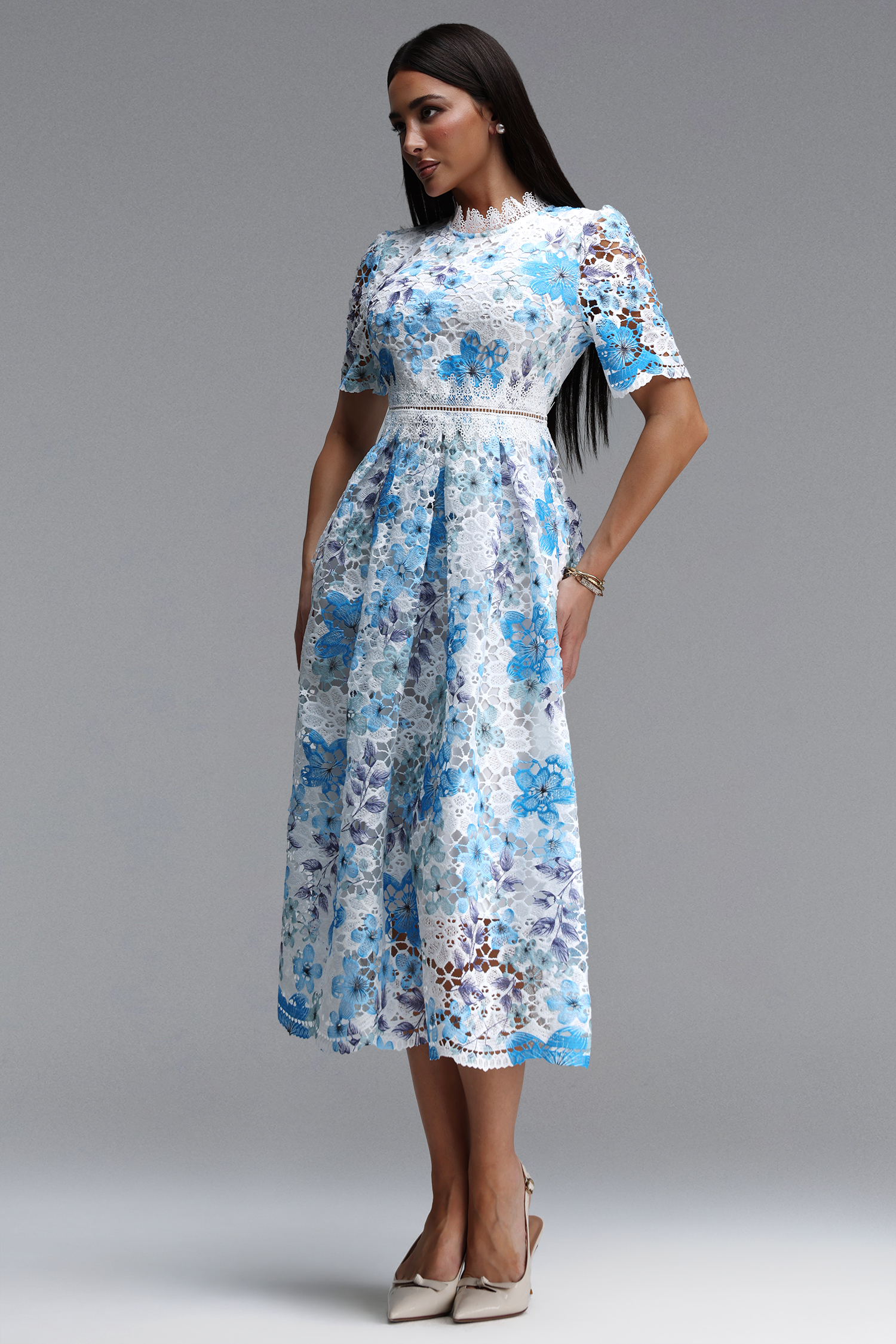 Pelosy Elegant Cinched Short Sleeve Floral Print Lace Midi Dress