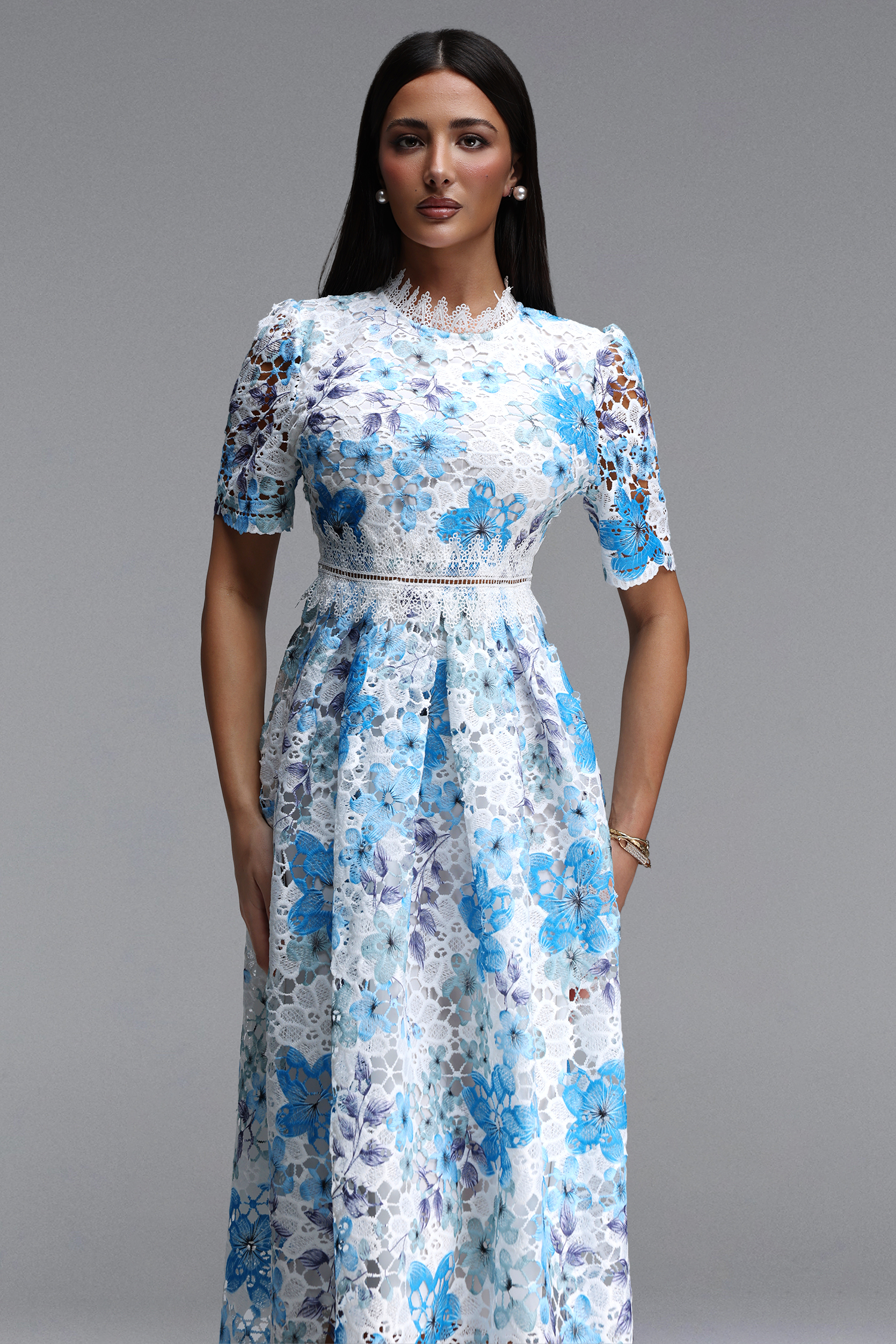 Pelosy Elegant Cinched Short Sleeve Floral Print Lace Midi Dress