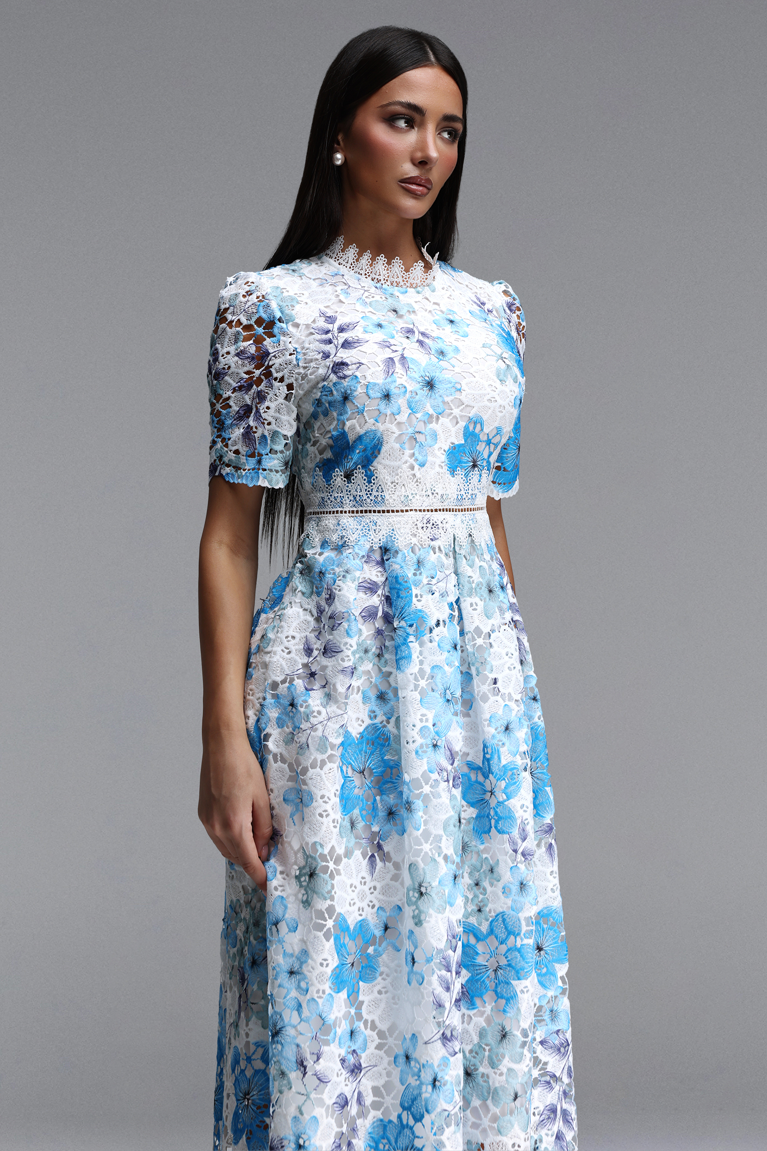 Pelosy Elegant Cinched Short Sleeve Floral Print Lace Midi Dress