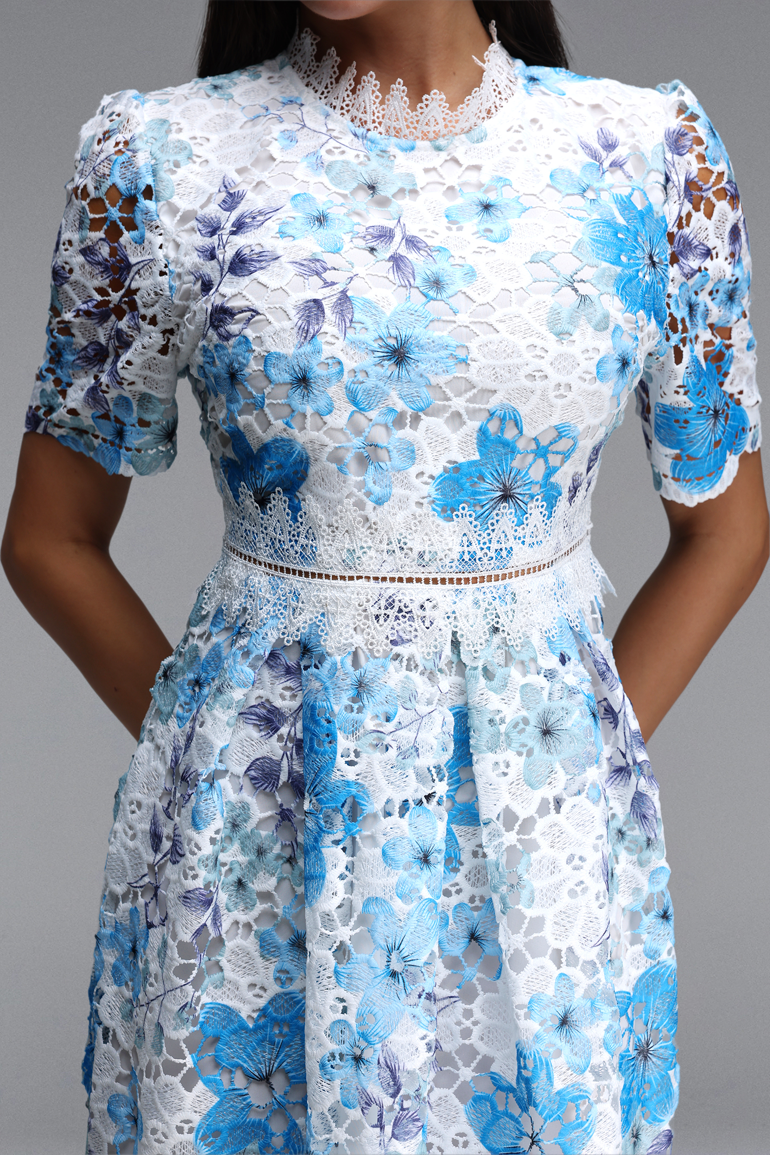 Pelosy Elegant Cinched Short Sleeve Floral Print Lace Midi Dress