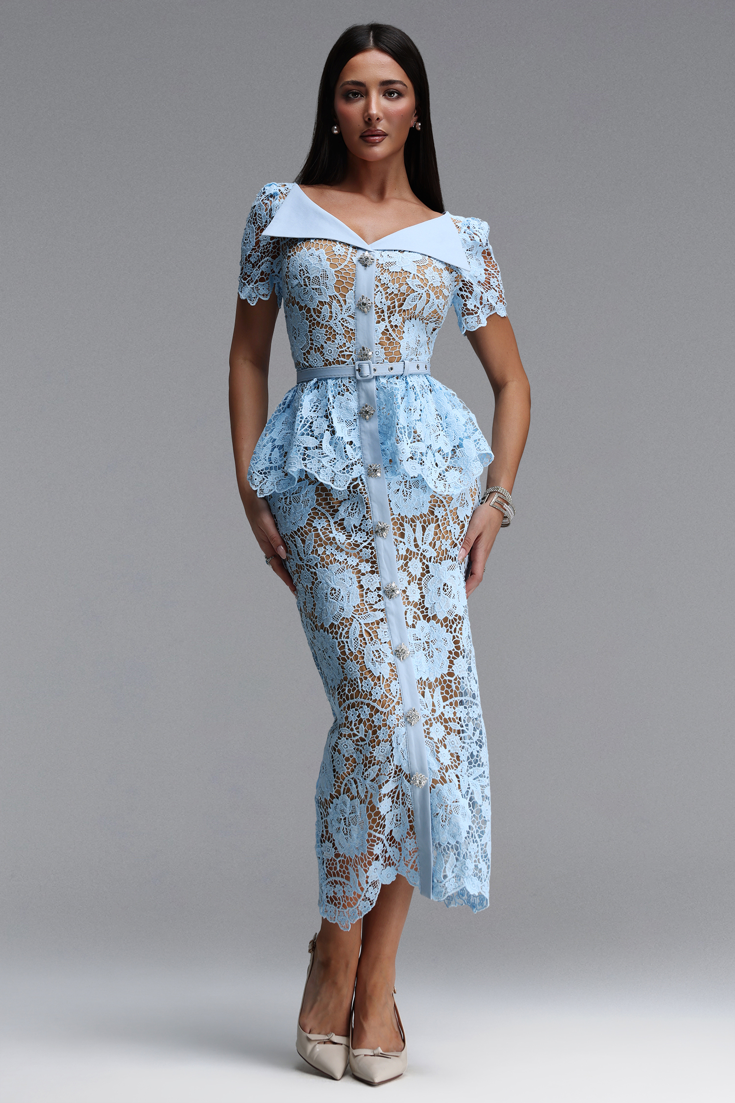Quinn Elegant Cinched Short Sleeve Floral Lace Blue Maxi Dress