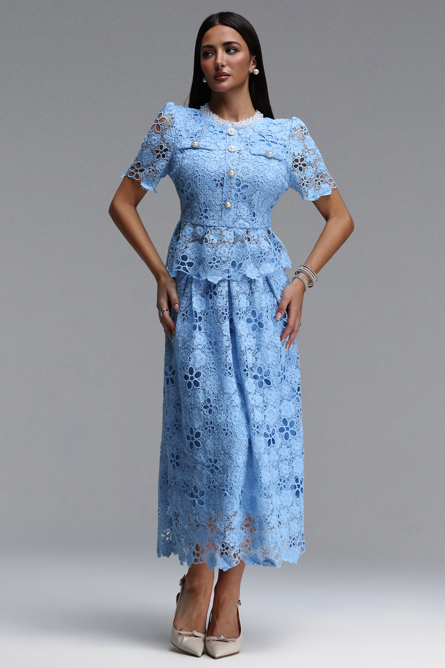 Rue Elegant Tailored Round Neck Short Sleeve Floral Lace Maxi