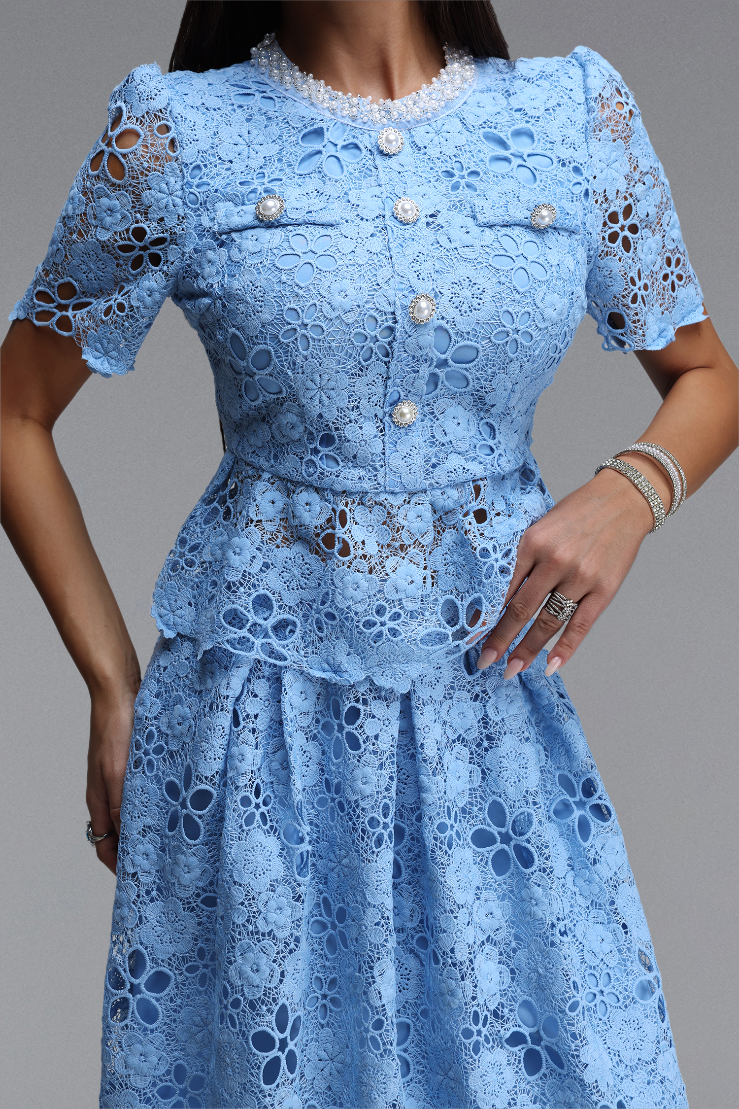 Rue Elegant Tailored Round Neck Short Sleeve Floral Lace Maxi