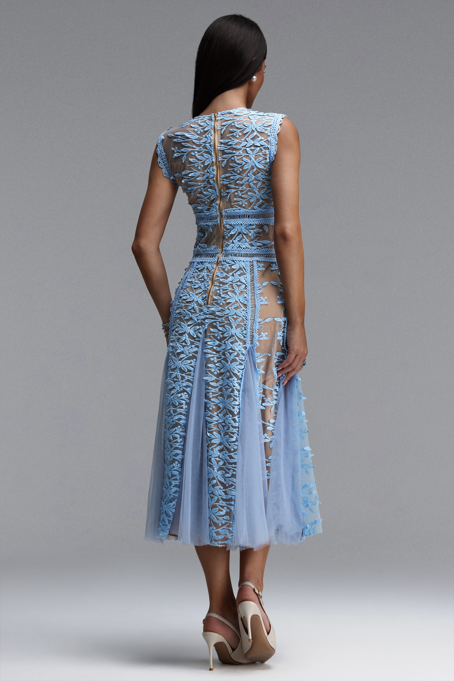 Katya Elegant Tailored Round Neck Sleeveless Floral Woven Midi Dress