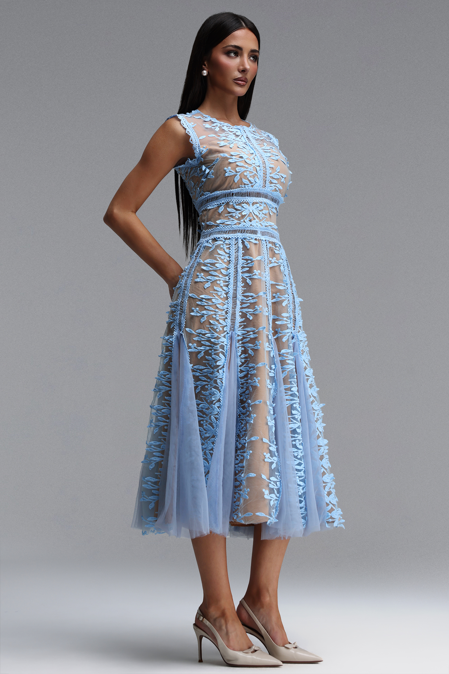Katya Elegant Tailored Round Neck Sleeveless Floral Woven Midi Dress
