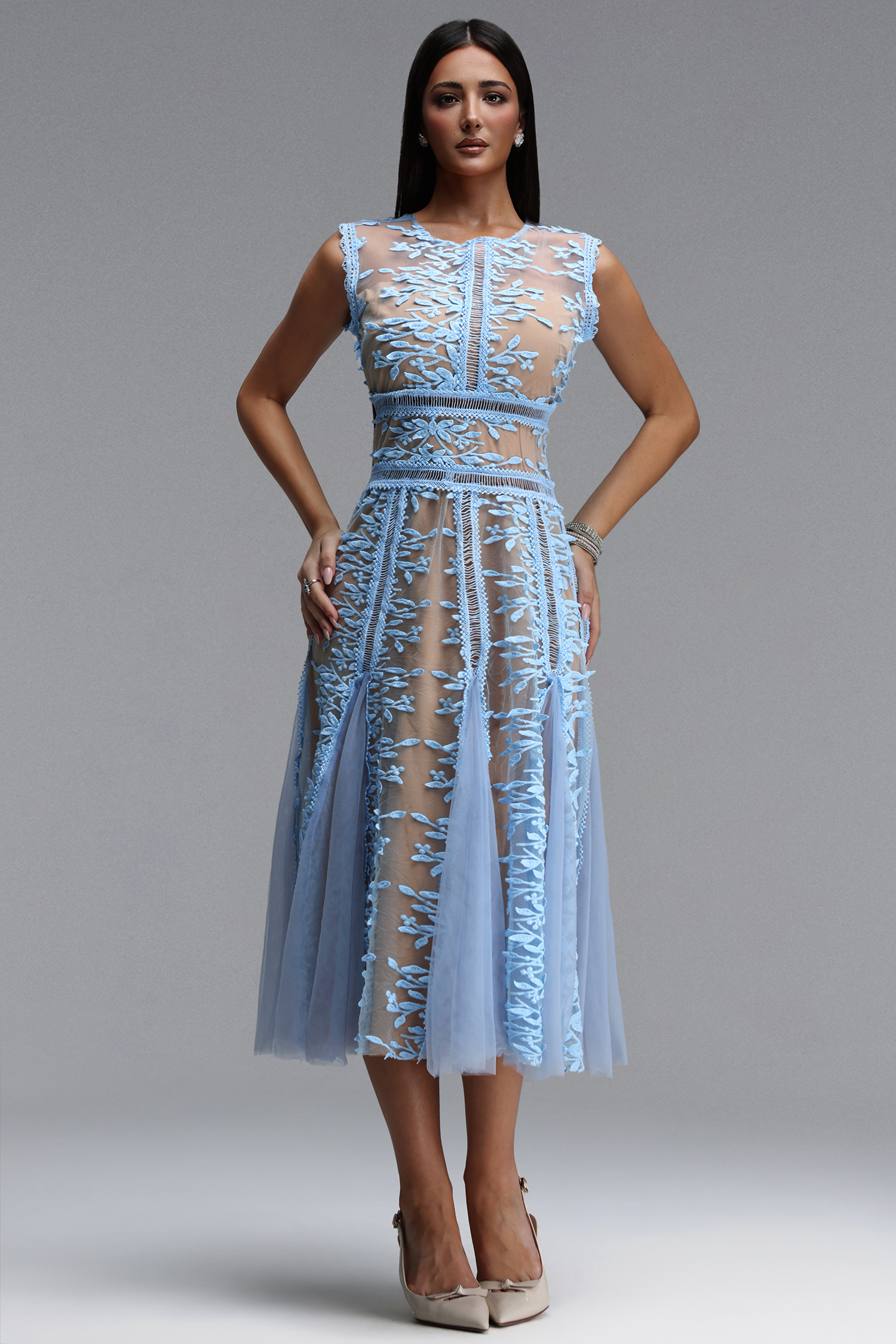 トップス Katya Elegant Tailored Round Neck Sleeveless Floral Woven Midi