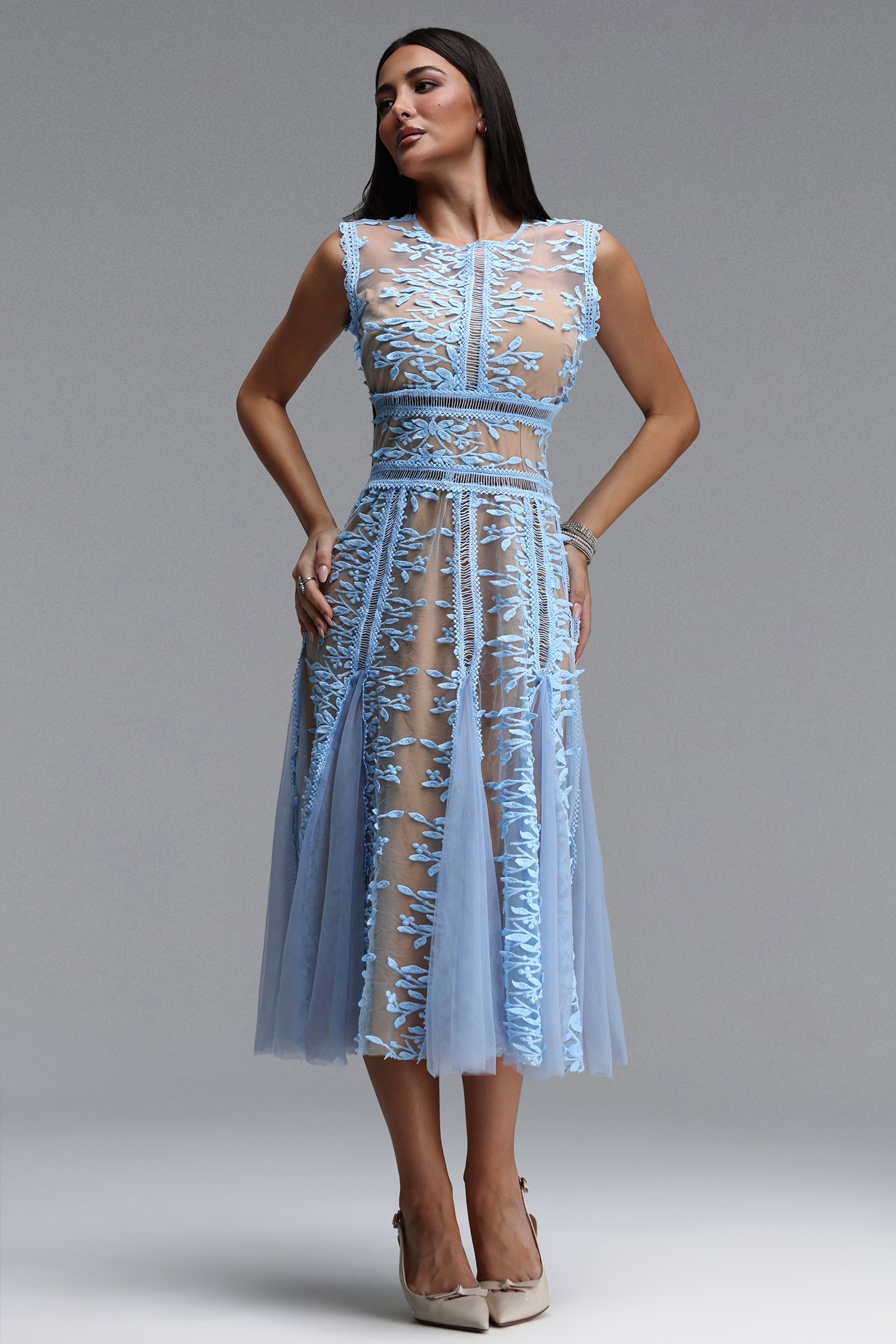 Katya Elegant Tailored Round Neck Sleeveless Floral Woven Midi Dress
