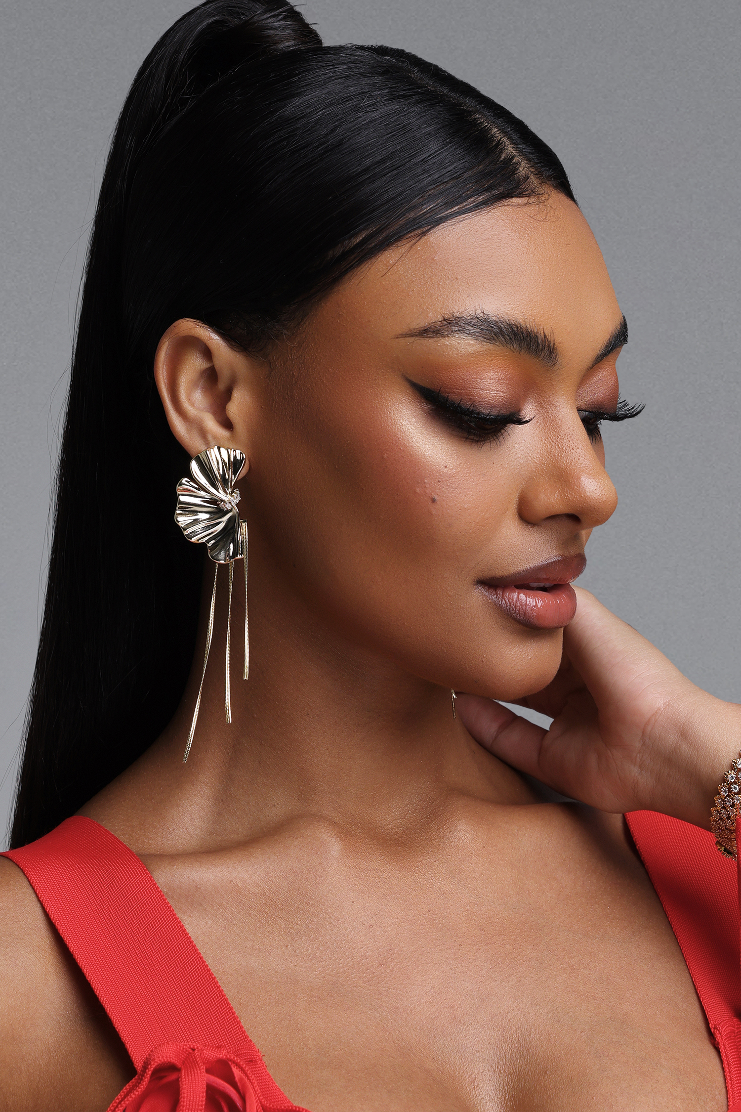 Xaver Gold Ruched Ginkgo Leaf Tassel Drop Earrings