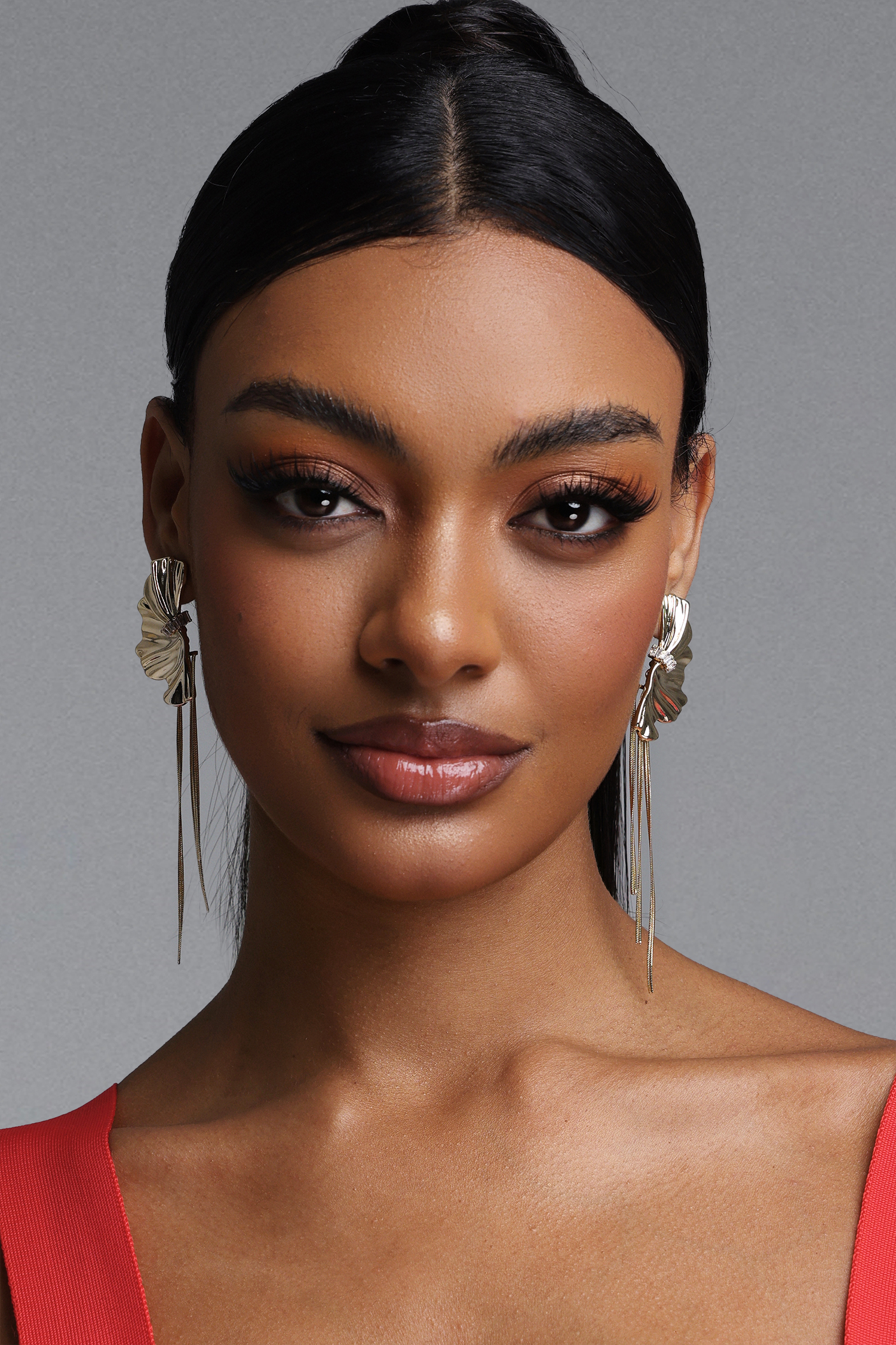 Xaver Gold Ruched Ginkgo Leaf Tassel Drop Earrings
