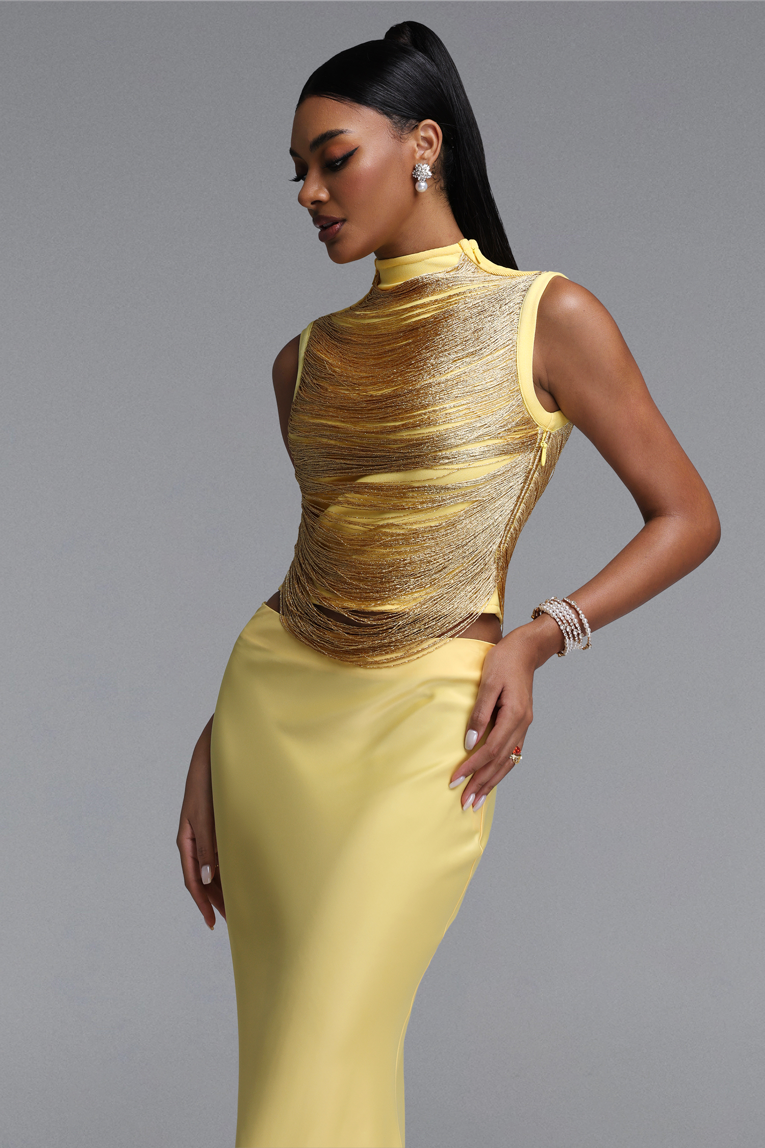 Siayh Sleeveless Tassels Bandage Gold Maxi Two Piece Set