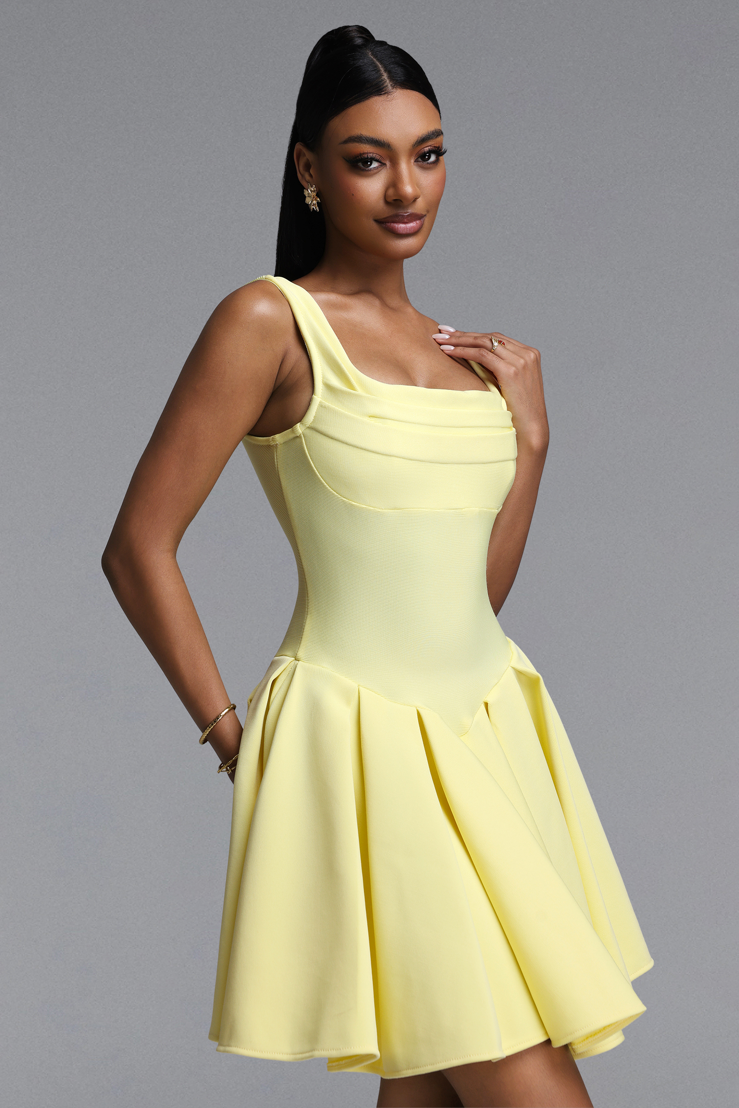 Wynter Elegant Contour Wide Strap Square Neck Pleated Skater Bandage Mini Dress
