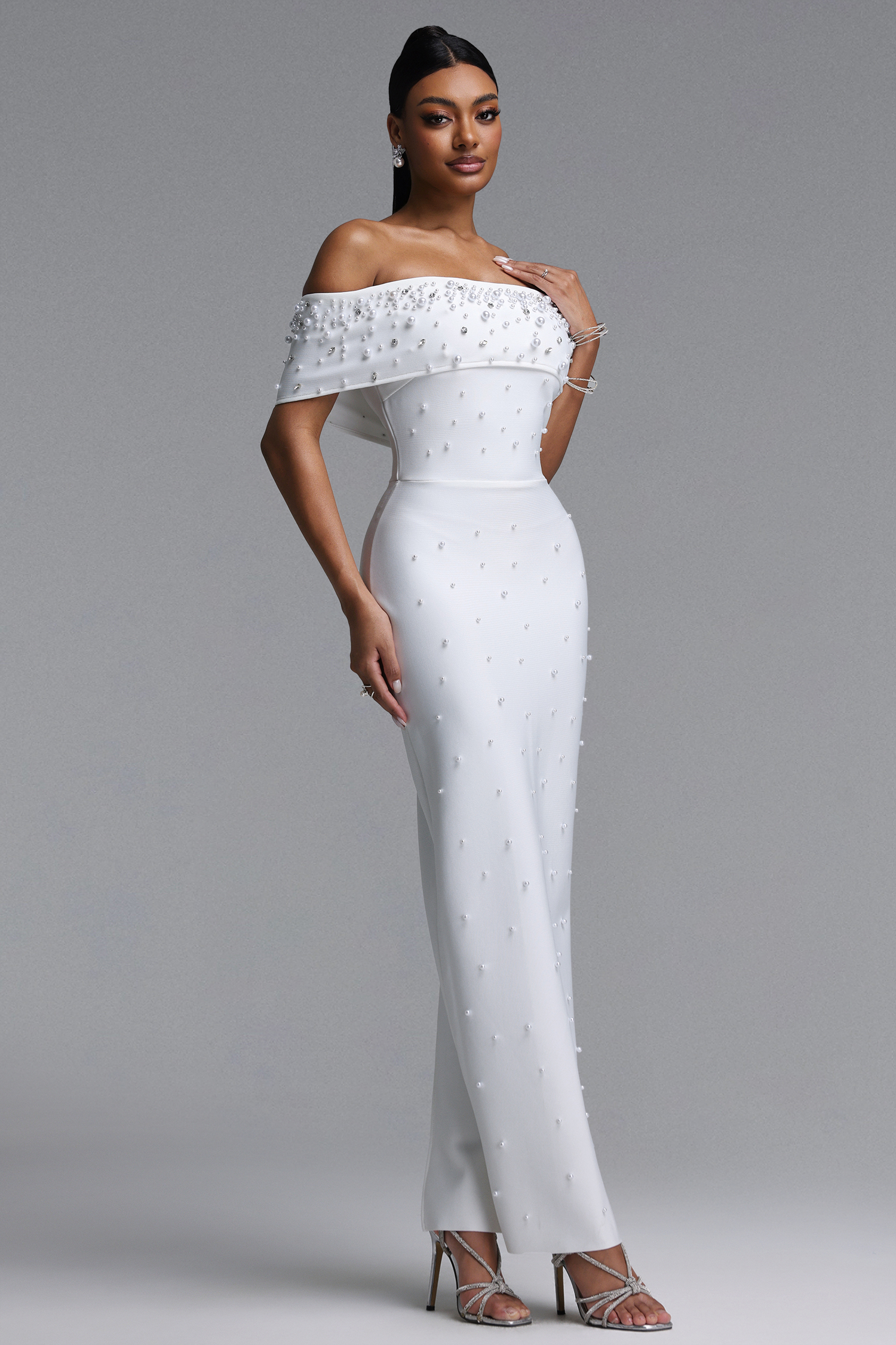 Isme Elegant Contour Off Shoulder Pearl Rhinestone Bandage White
