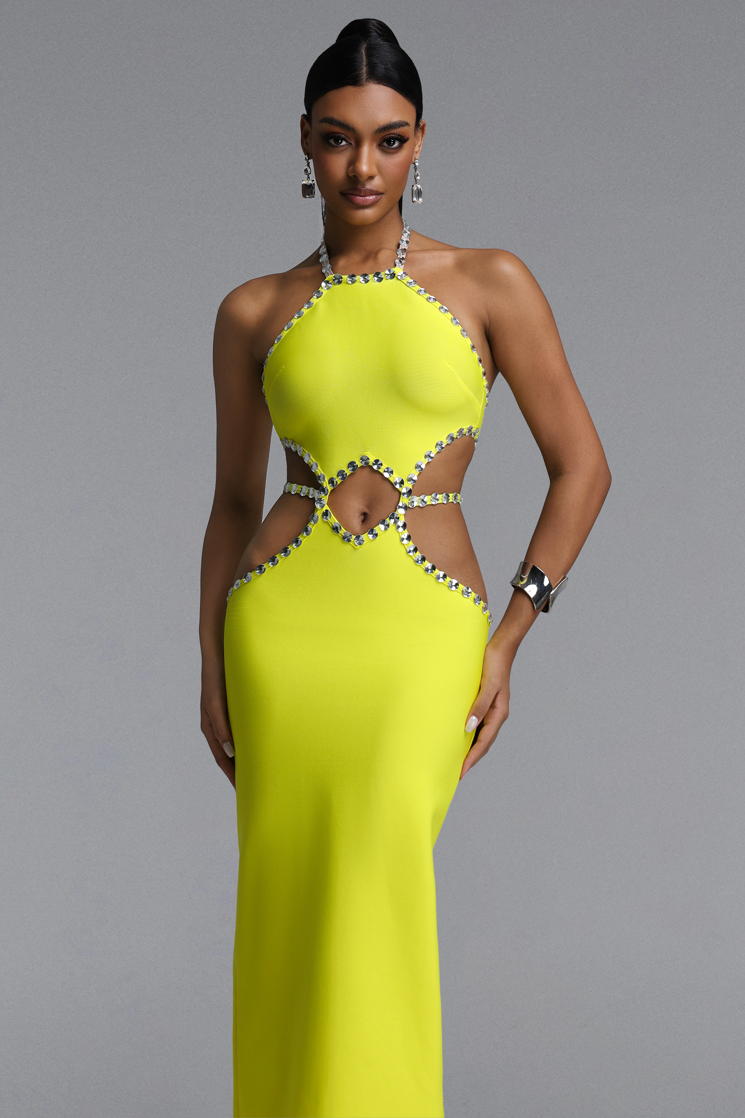 Juyce Halter Sleeveless Hollow Out Diamond Bandage Maxi Dress