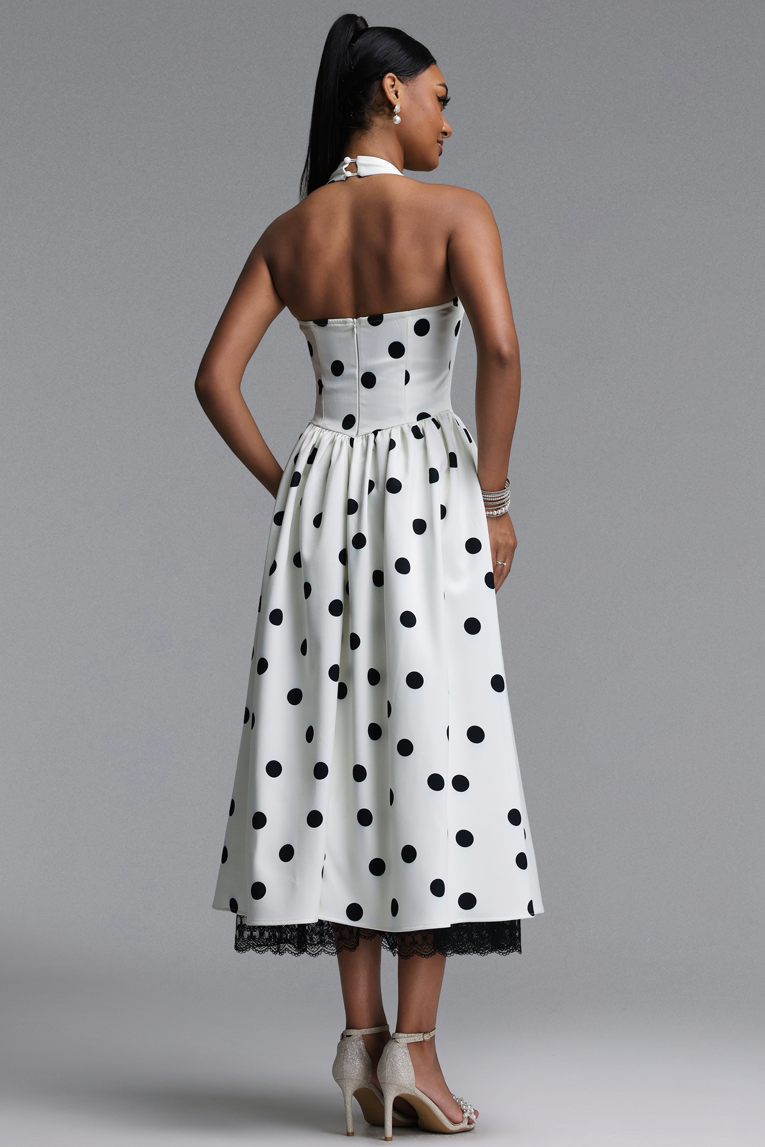Shardae Elegant Sophisticated Sleeveless Halter Polka Dot Lace Maxi Dress