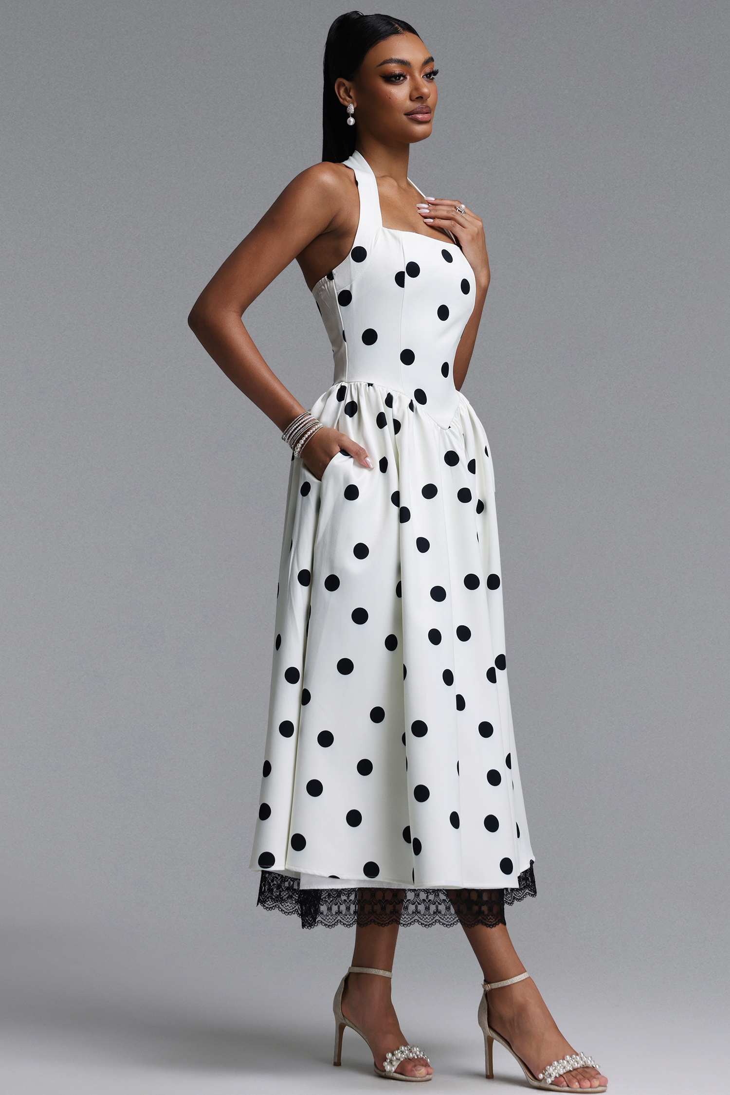 Shardae Elegant Sophisticated Sleeveless Halter Polka Dot Lace Maxi Dress
