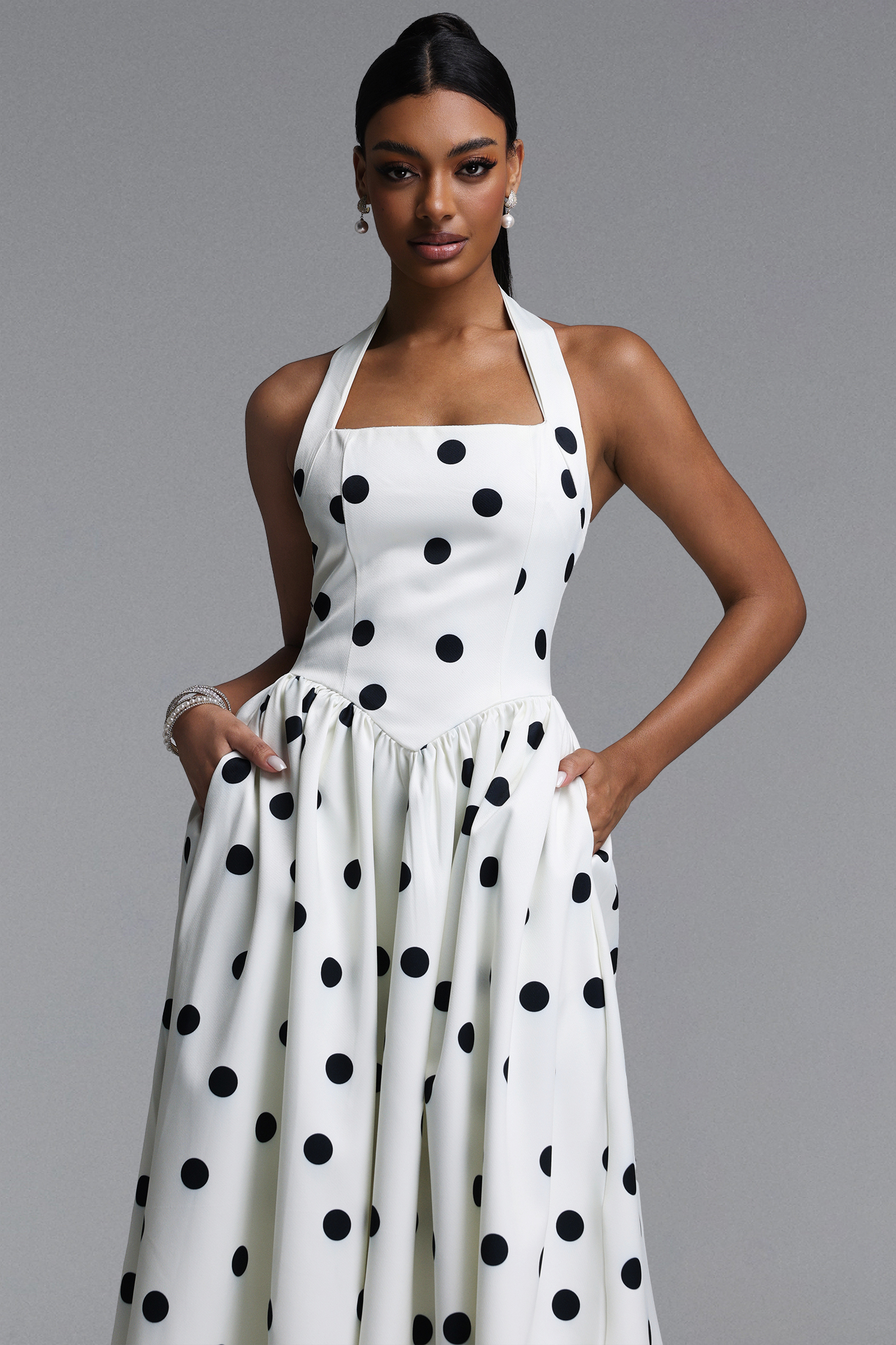 Shardae Elegant Sophisticated Sleeveless Halter Polka Dot Lace Maxi Dress
