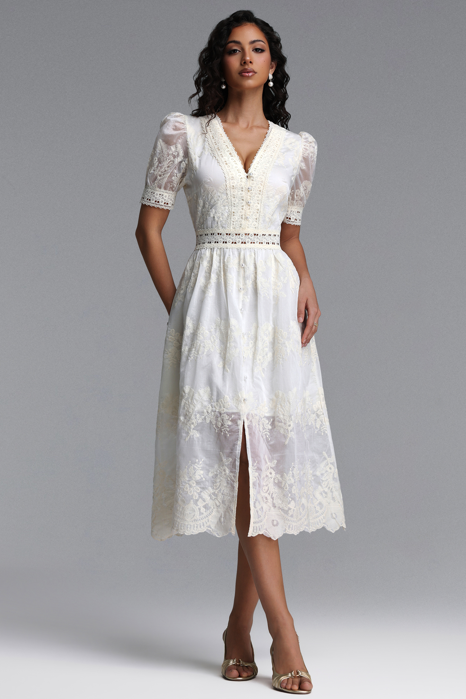 Ganera Resort Flowy V Neck Short Sleeve Floral Woven Midi Dress