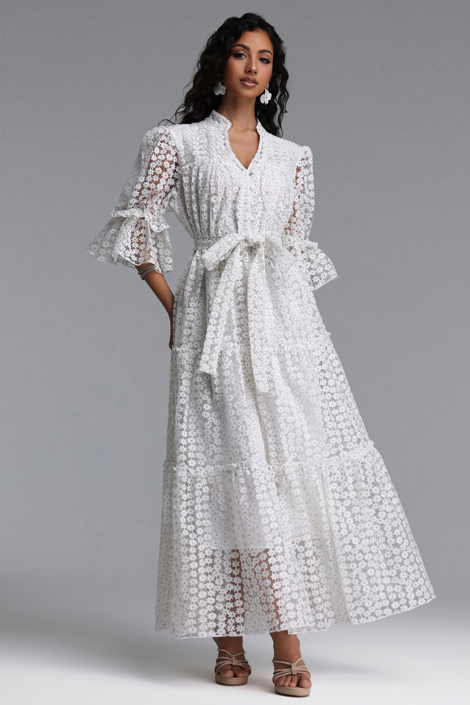 その他 m Lzada Resort Flowy V Neck Puff Sleeve Floral Woven Maxi Dress