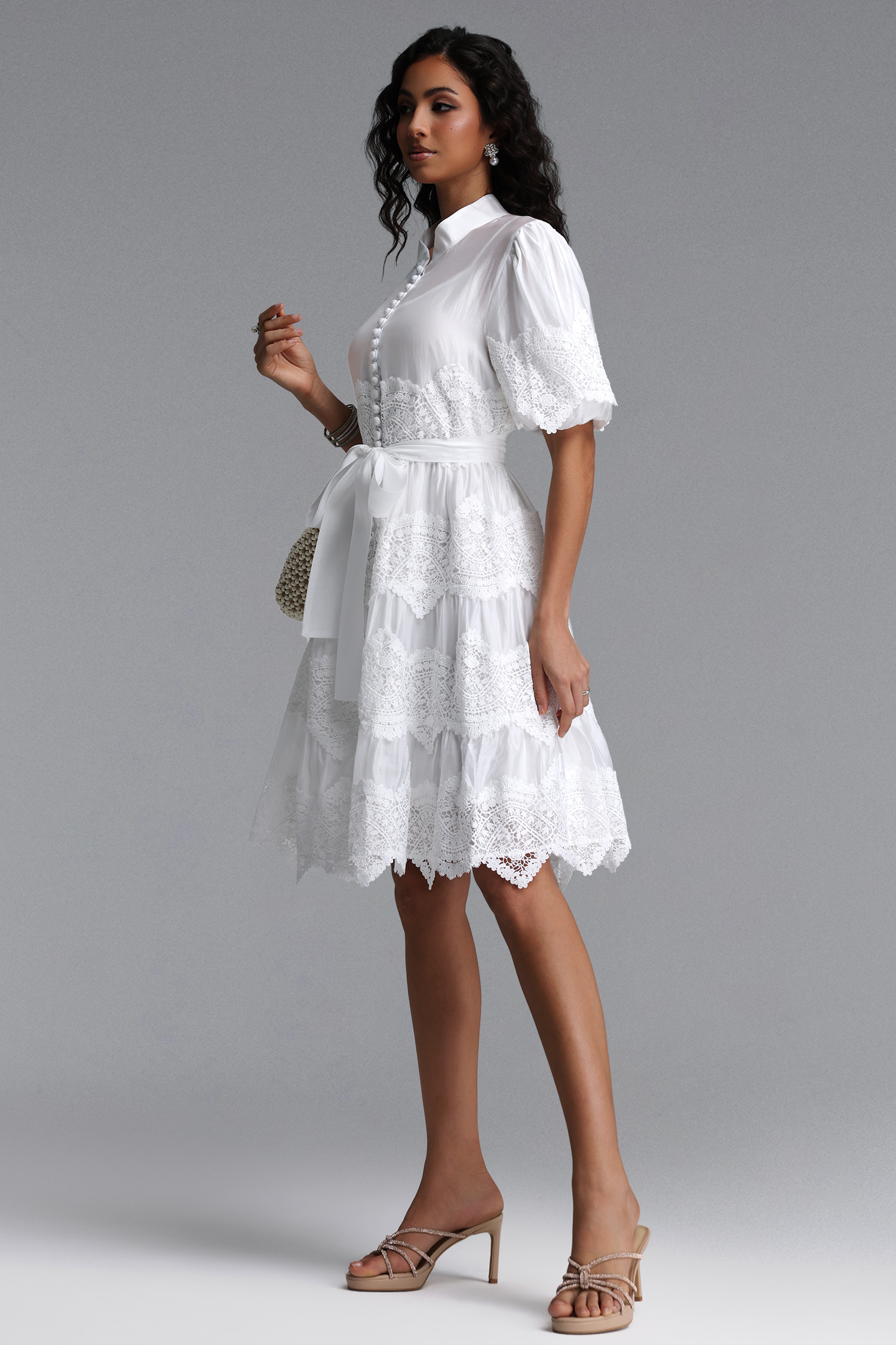 Maci Resort Flowy Puff Sleeve Floral Lace Woven Mini Dress
