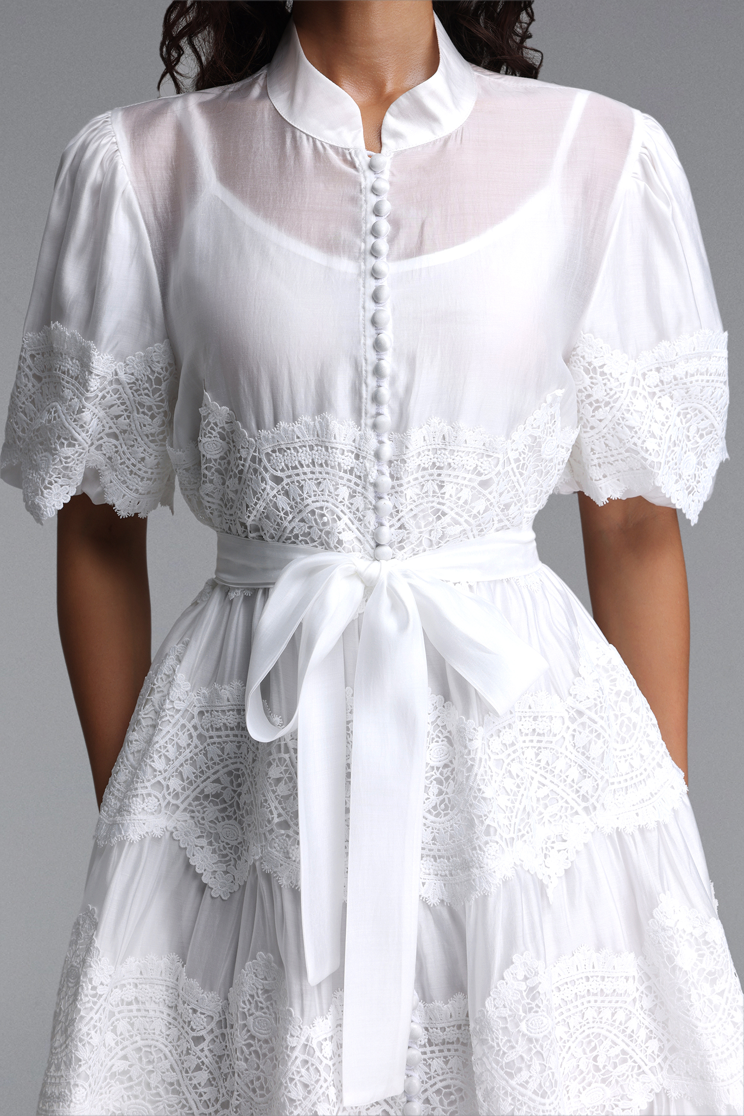 Maci Resort Flowy Puff Sleeve Floral Lace Woven Mini Dress