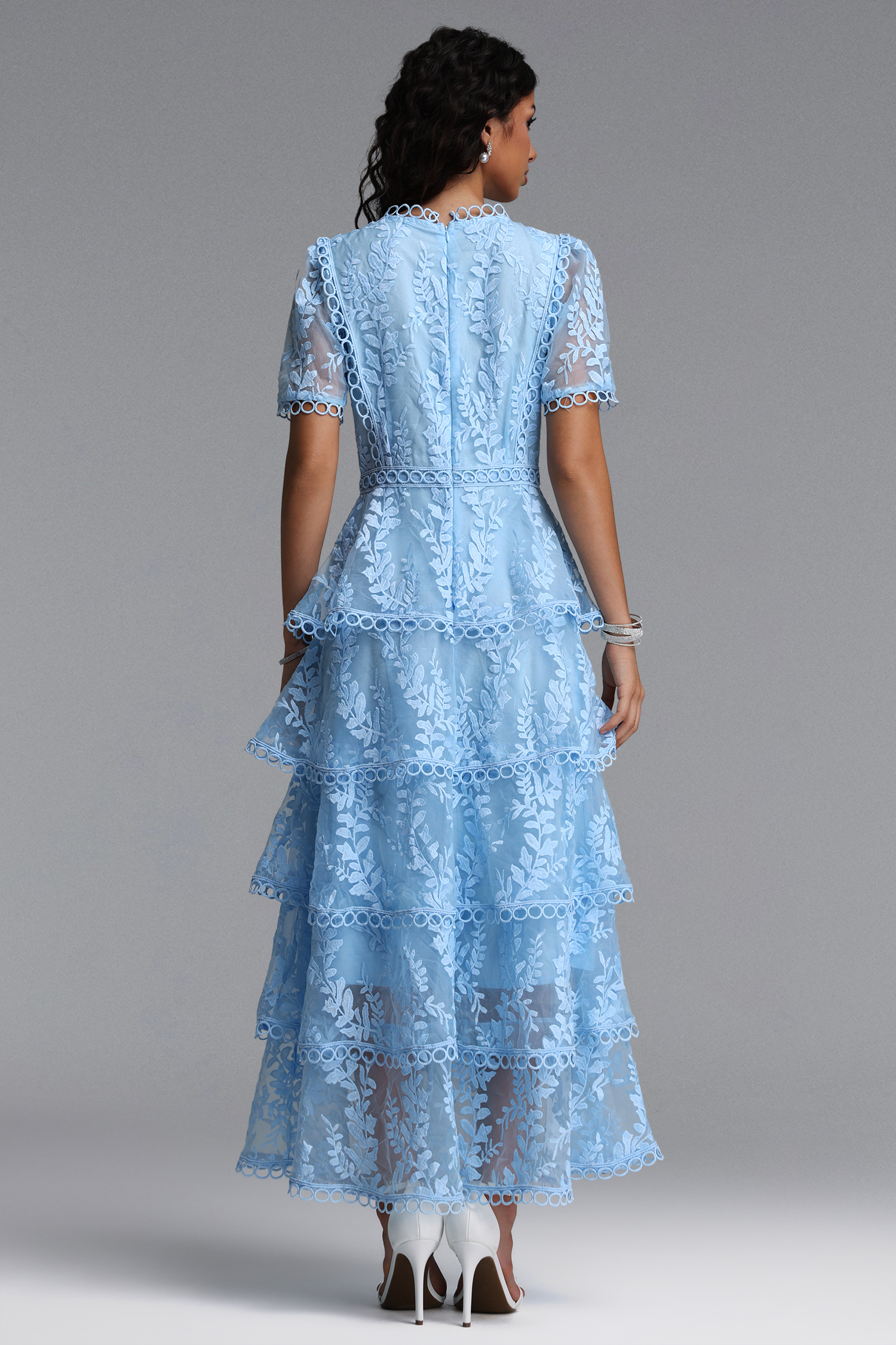 Yedda Resort Flowy Round Neck Short Sleeve Floral Embroidered Woven Blue Maxi Dress