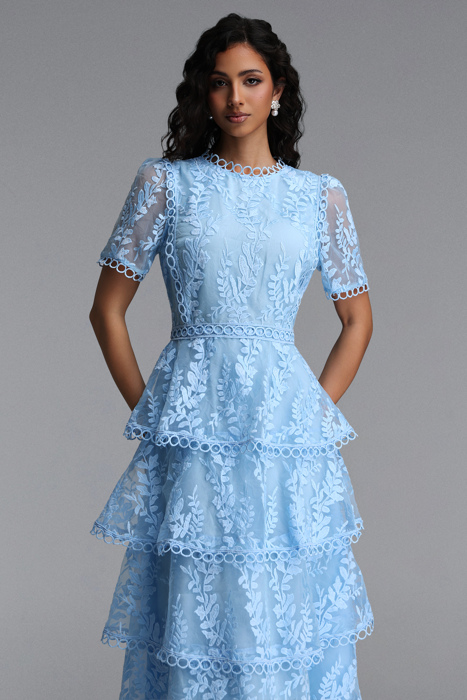 Yedda Resort Flowy Round Neck Short Sleeve Floral Embroidered Woven Blue Maxi Dress