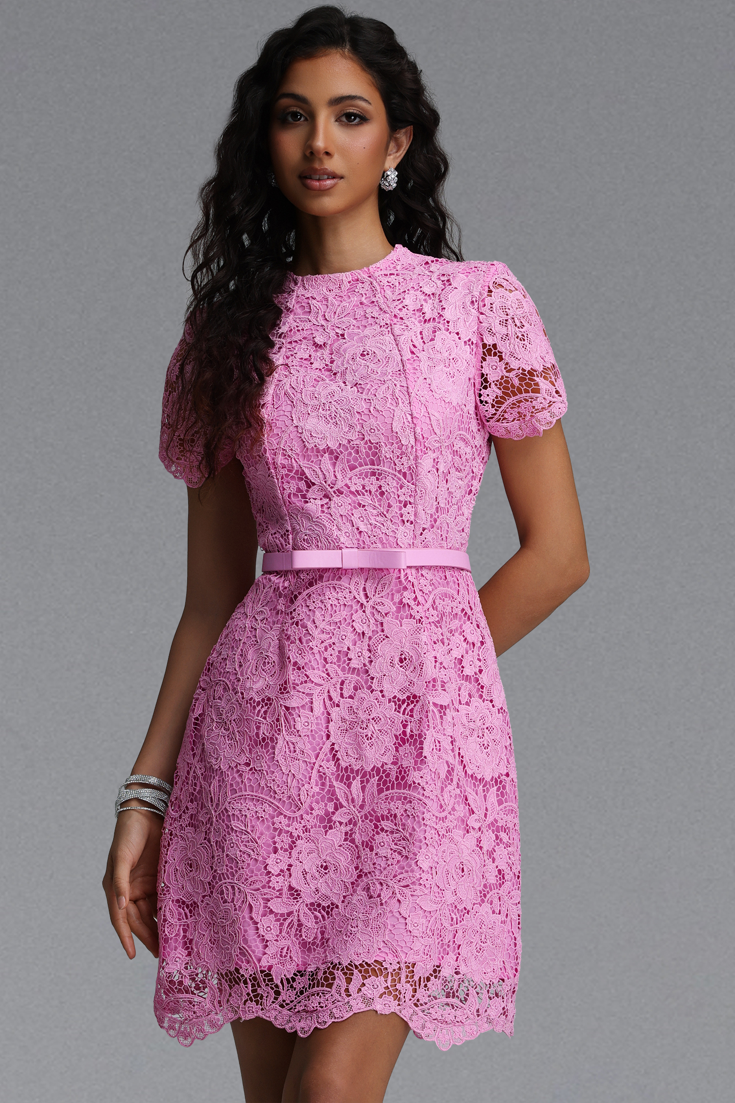 Malvina Elegant Cinched Short Sleeve Bow Floral Lace Mini Dress