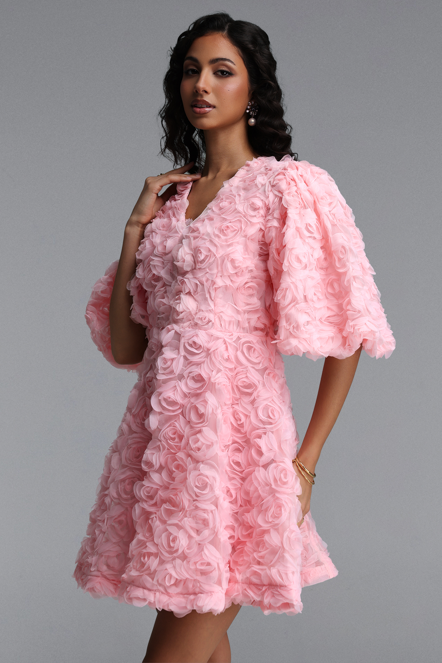 Kadence Resort Flowy V Neck Puff Sleeve Floral Woven Mini Dress