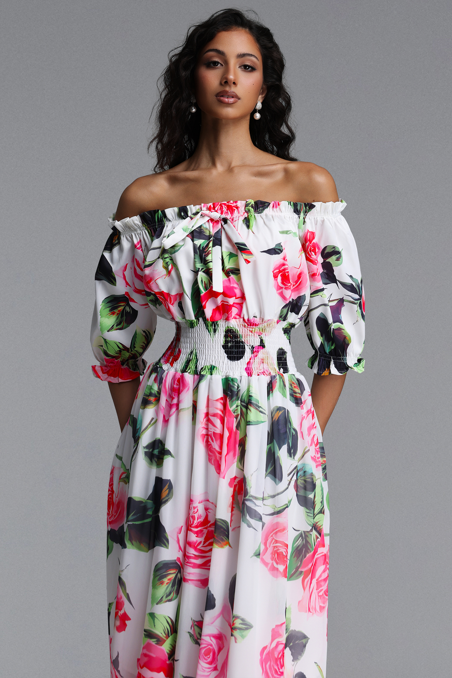 Reye Resort Flowy Off Shoulder Floral Print Woven Maxi Dress