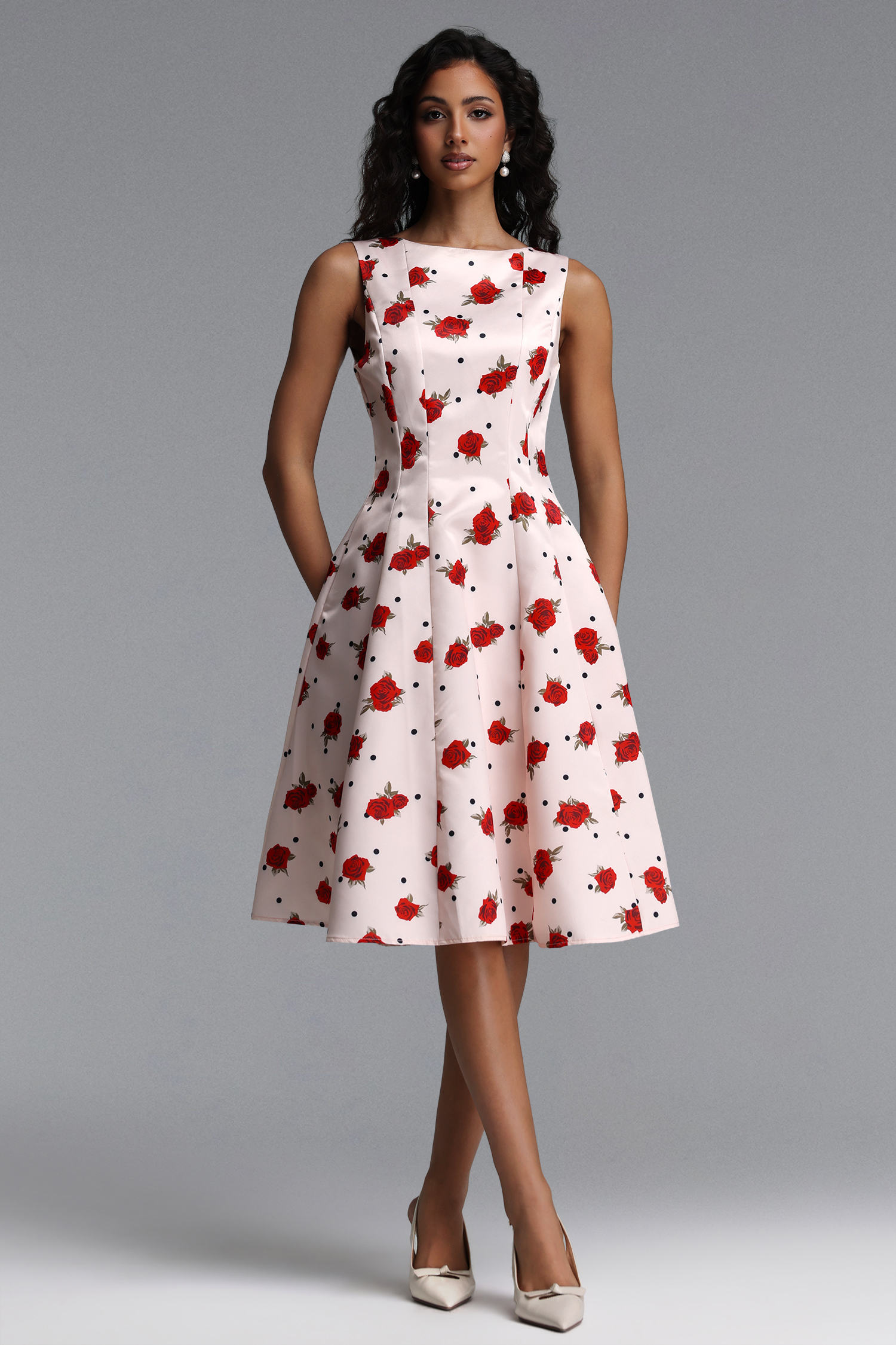 Edan Elegant Tailored Sleeveless Floral Print Satin Midi Dress