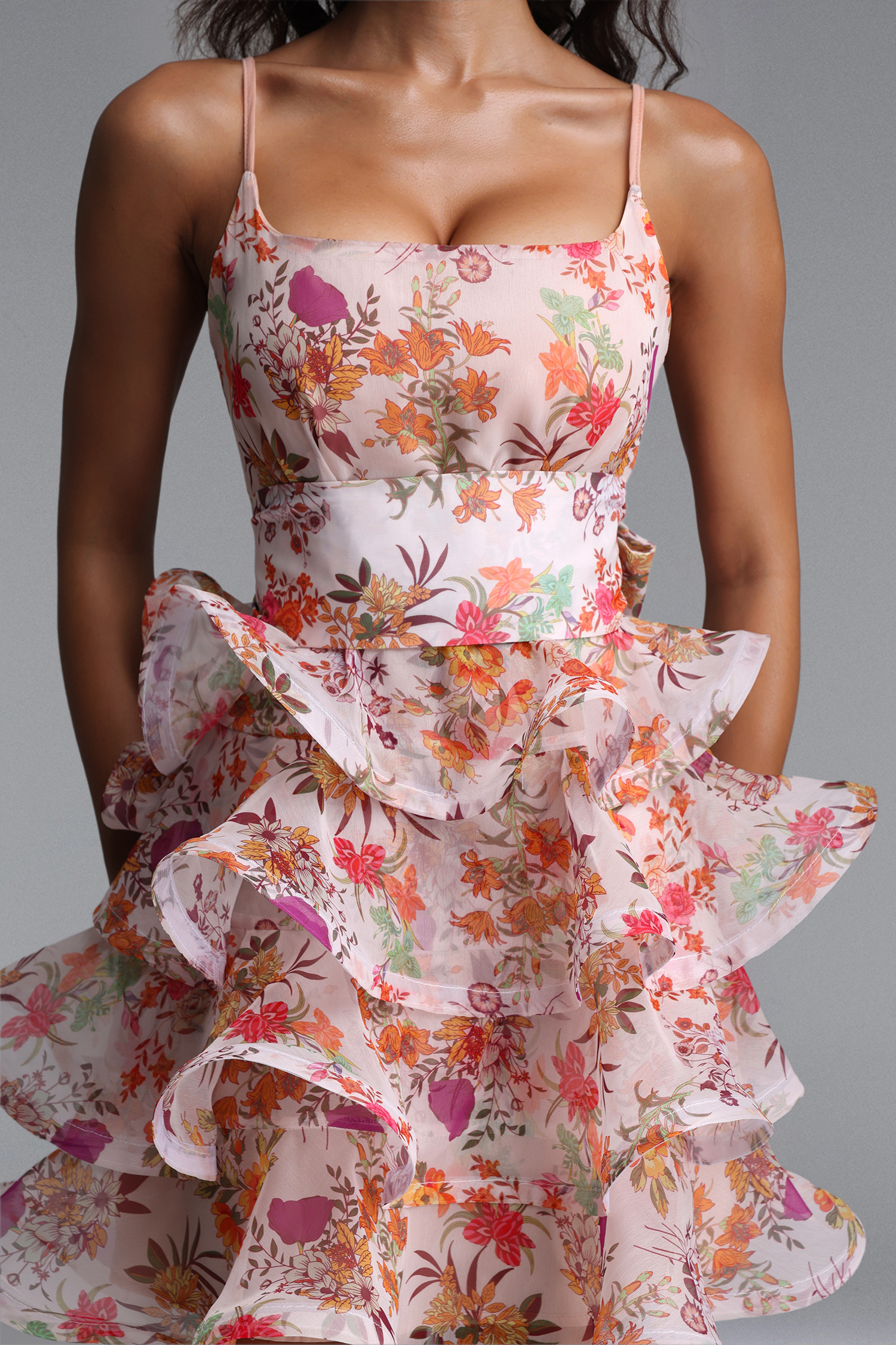 Jacey Resort Tailored Sleeveless Ruffle Floral Print Organza Mini Dress
