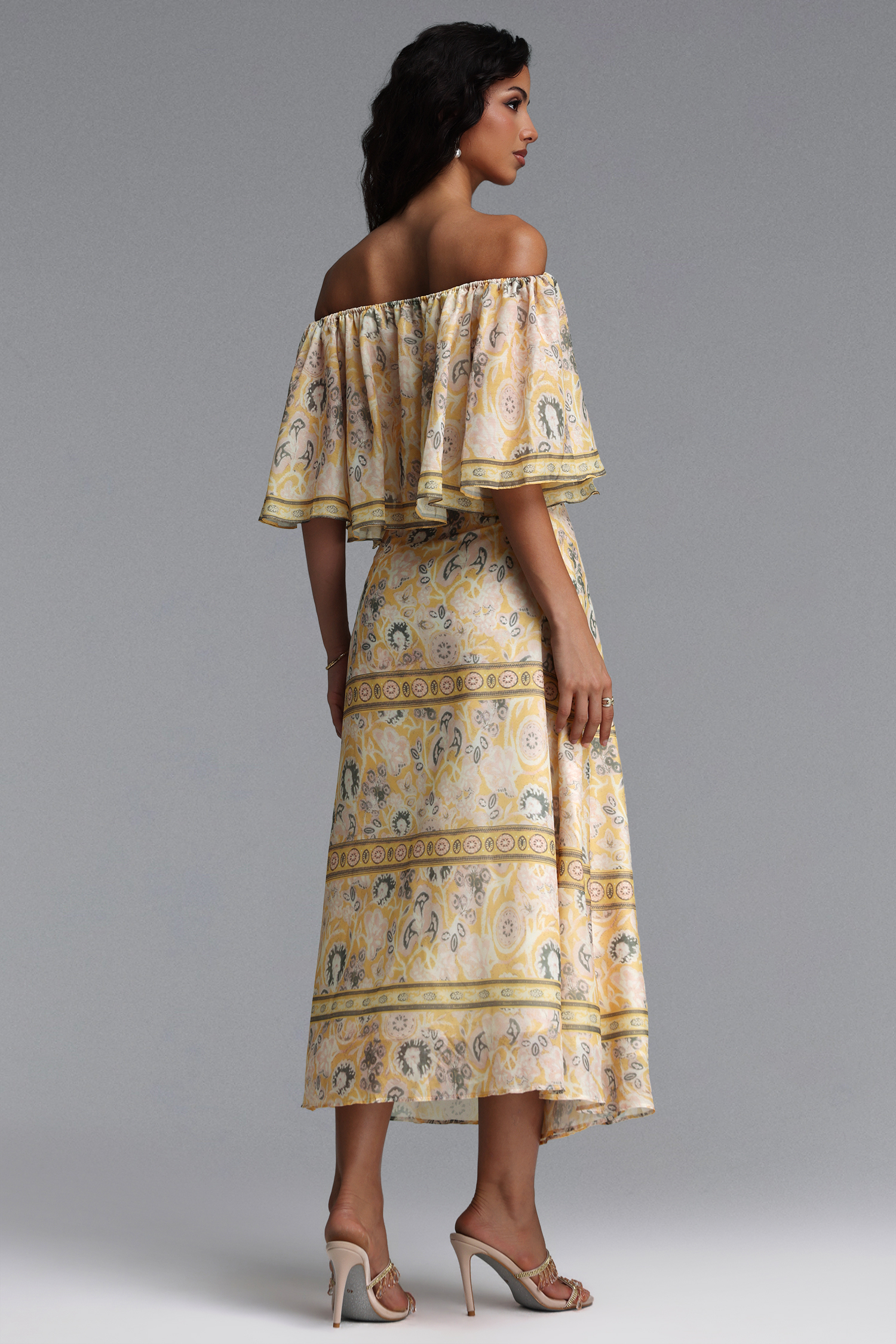 Opala Resort Flowy Off Shoulder Print Chiffon Top and Skirt Two Piece Set