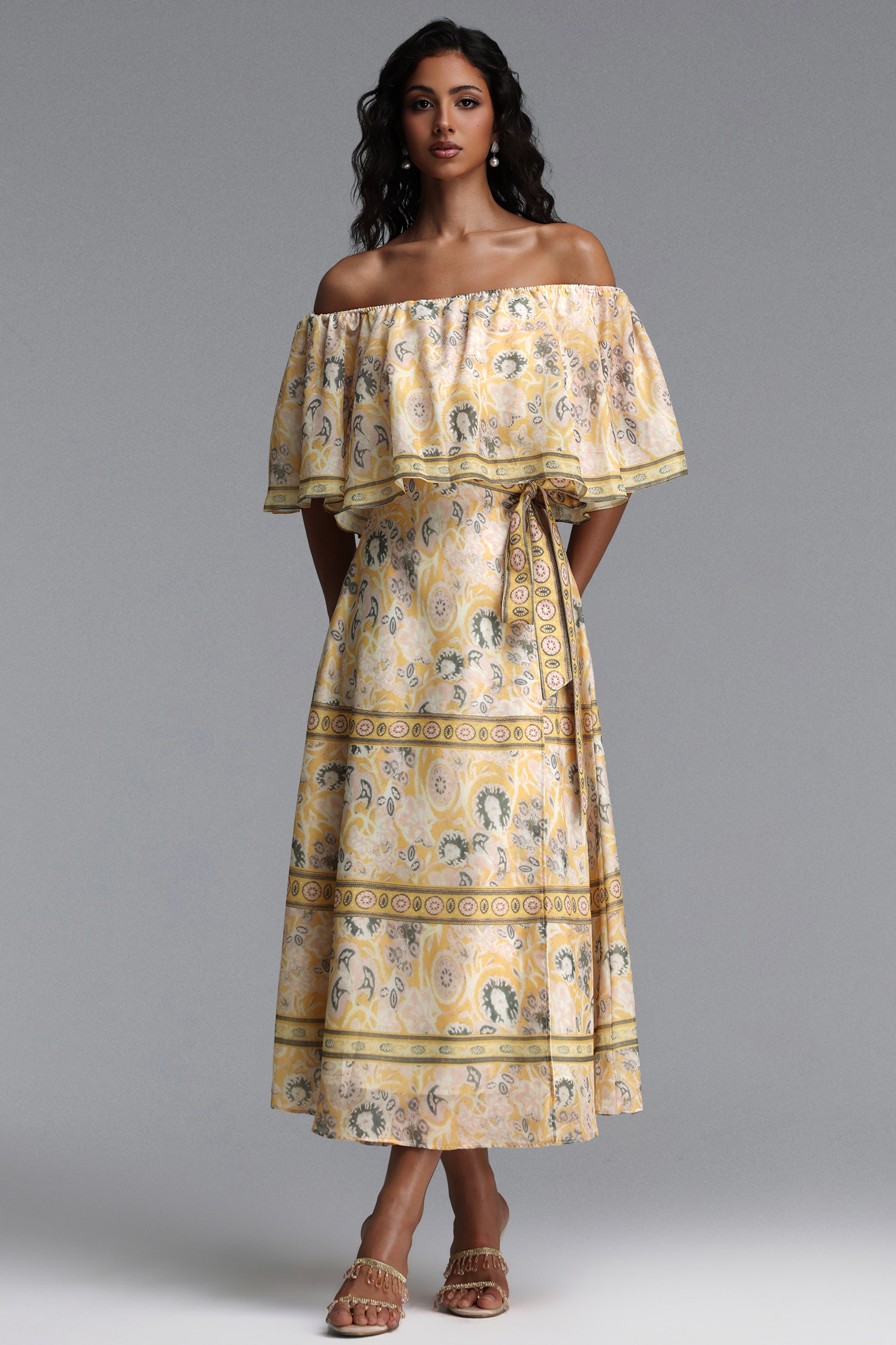 Opala Resort Flowy Off Shoulder Print Chiffon Top and Skirt Two Piece Set