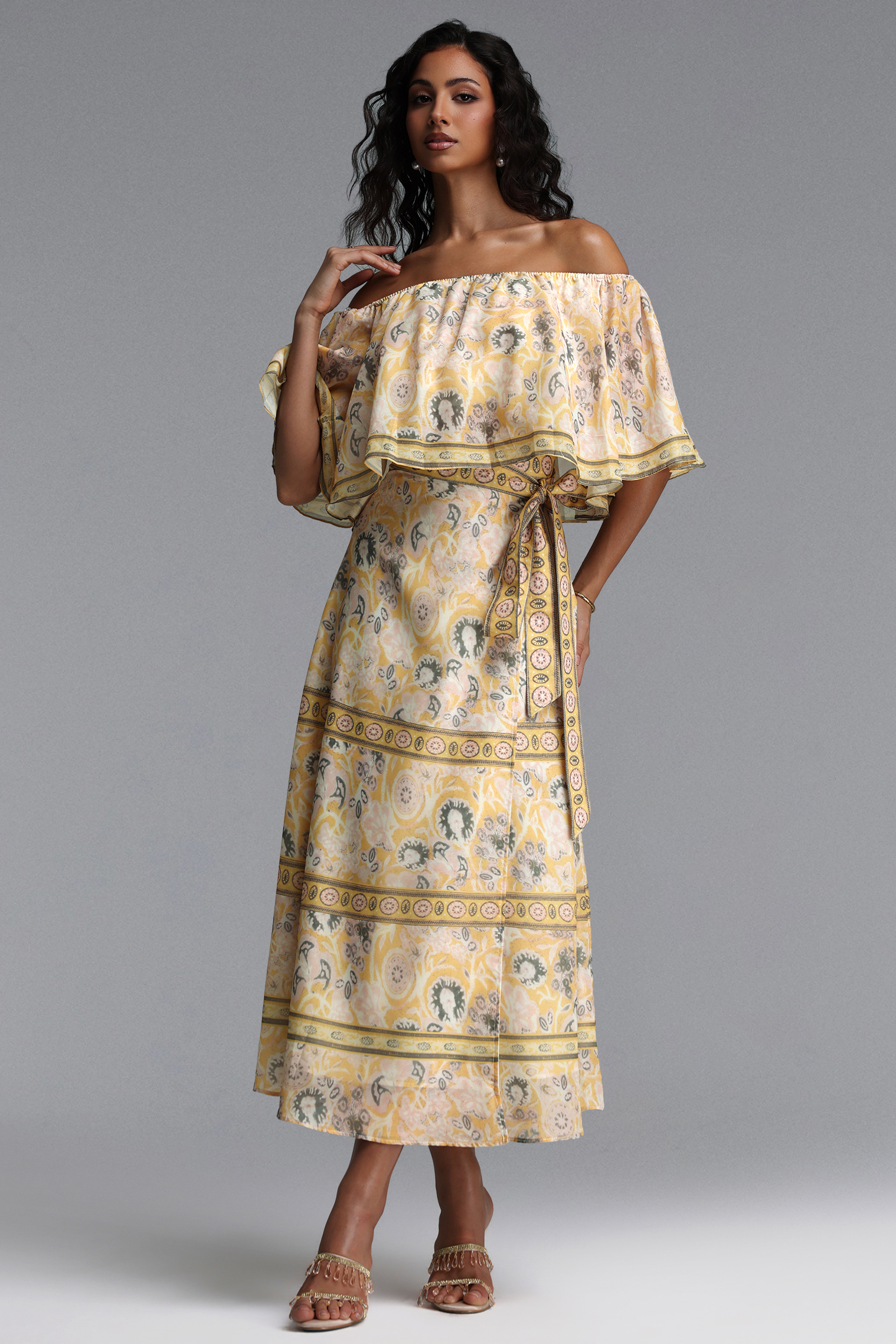 Opala Resort Flowy Off Shoulder Print Chiffon Top and Skirt Two Piece Set