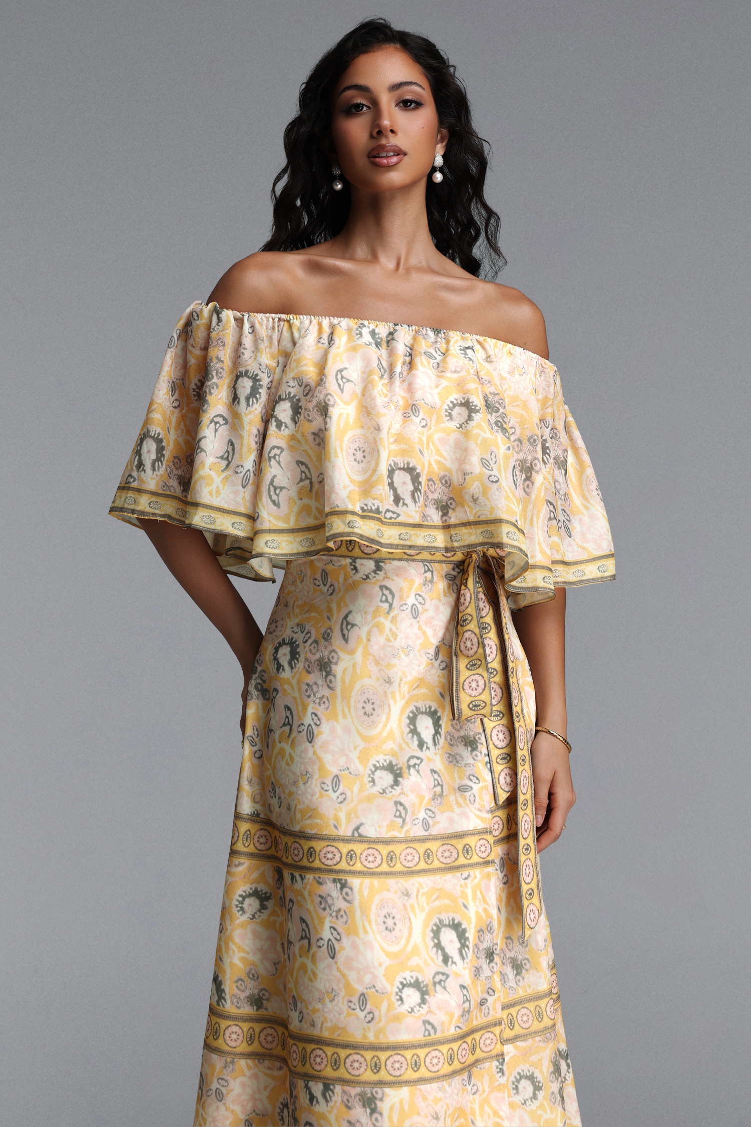 Opala Resort Flowy Off Shoulder Print Chiffon Top and Skirt Two Piece Set