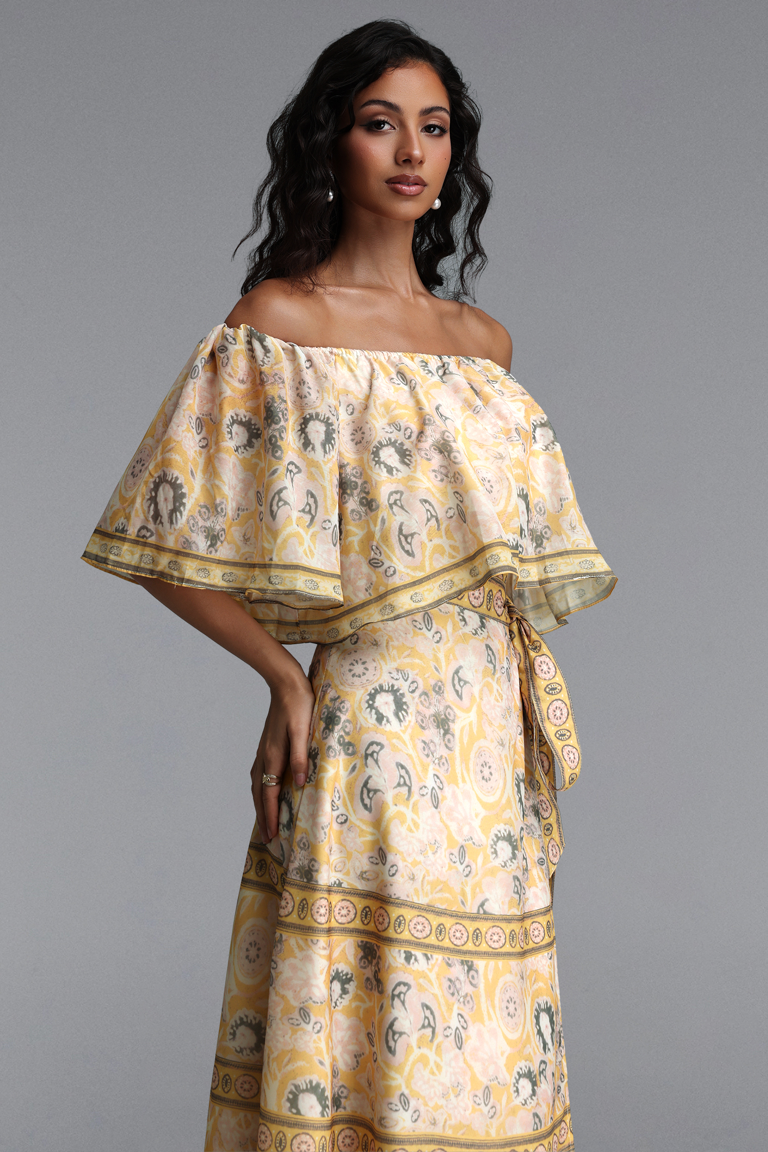 Opala Resort Flowy Off Shoulder Print Chiffon Top and Skirt Two Piece Set
