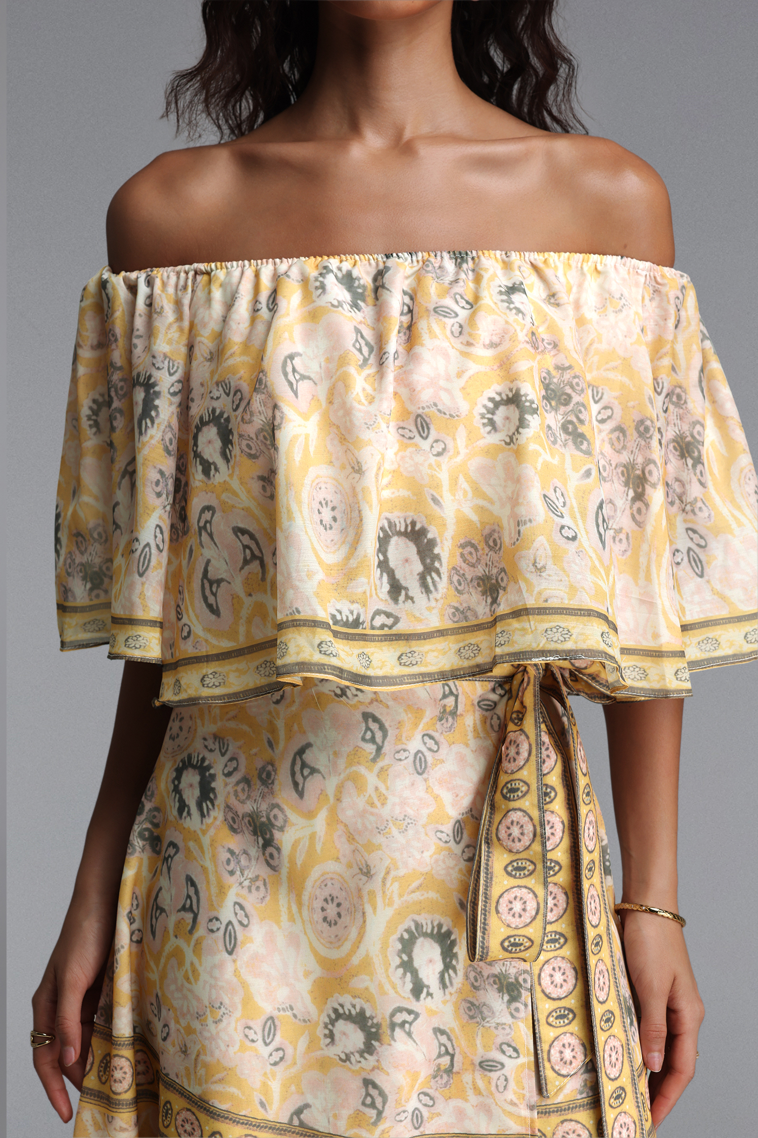 Opala Resort Flowy Off Shoulder Print Chiffon Top and Skirt Two Piece Set
