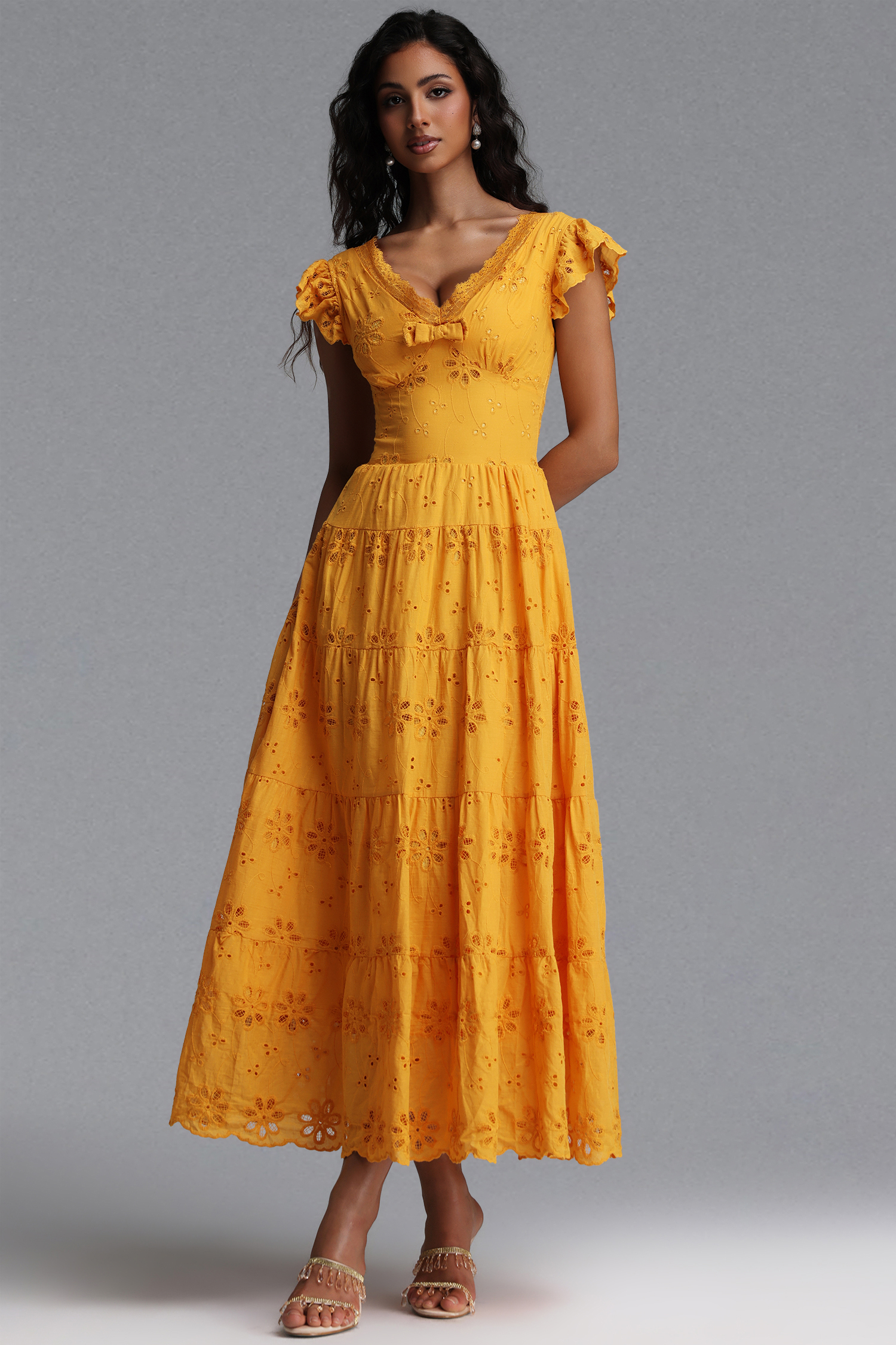 Jerlyn Resort Flowy V Neck Sleeveless Bow Ruffle Woven Maxi Dress